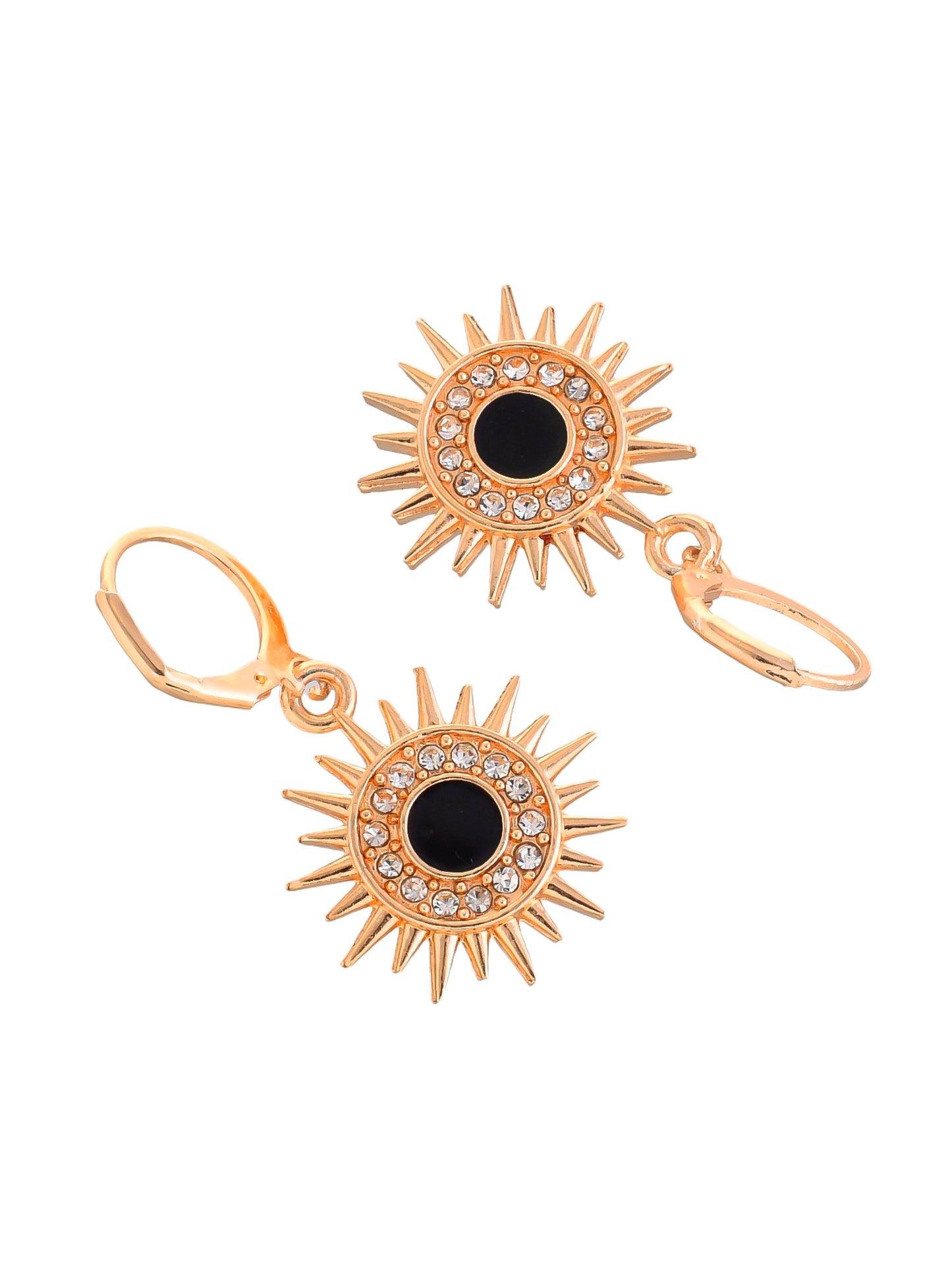 Rose Gold Color Cubic Zirconia Round Black Stone Drop Earrings