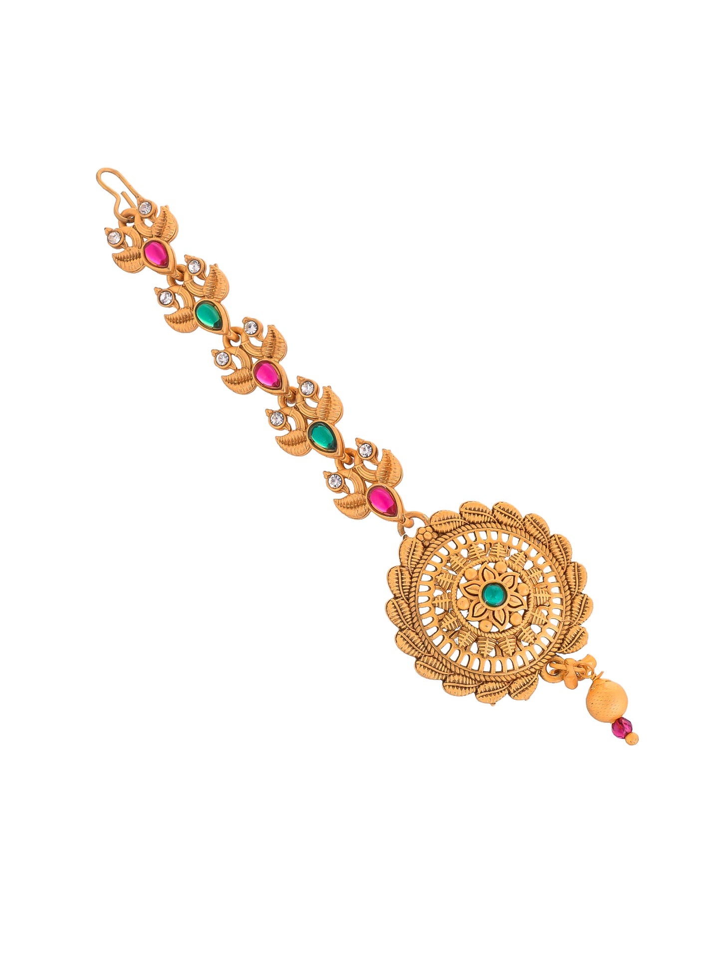 Gold Tone Flower Temple Maangtikka with Pearl Accents