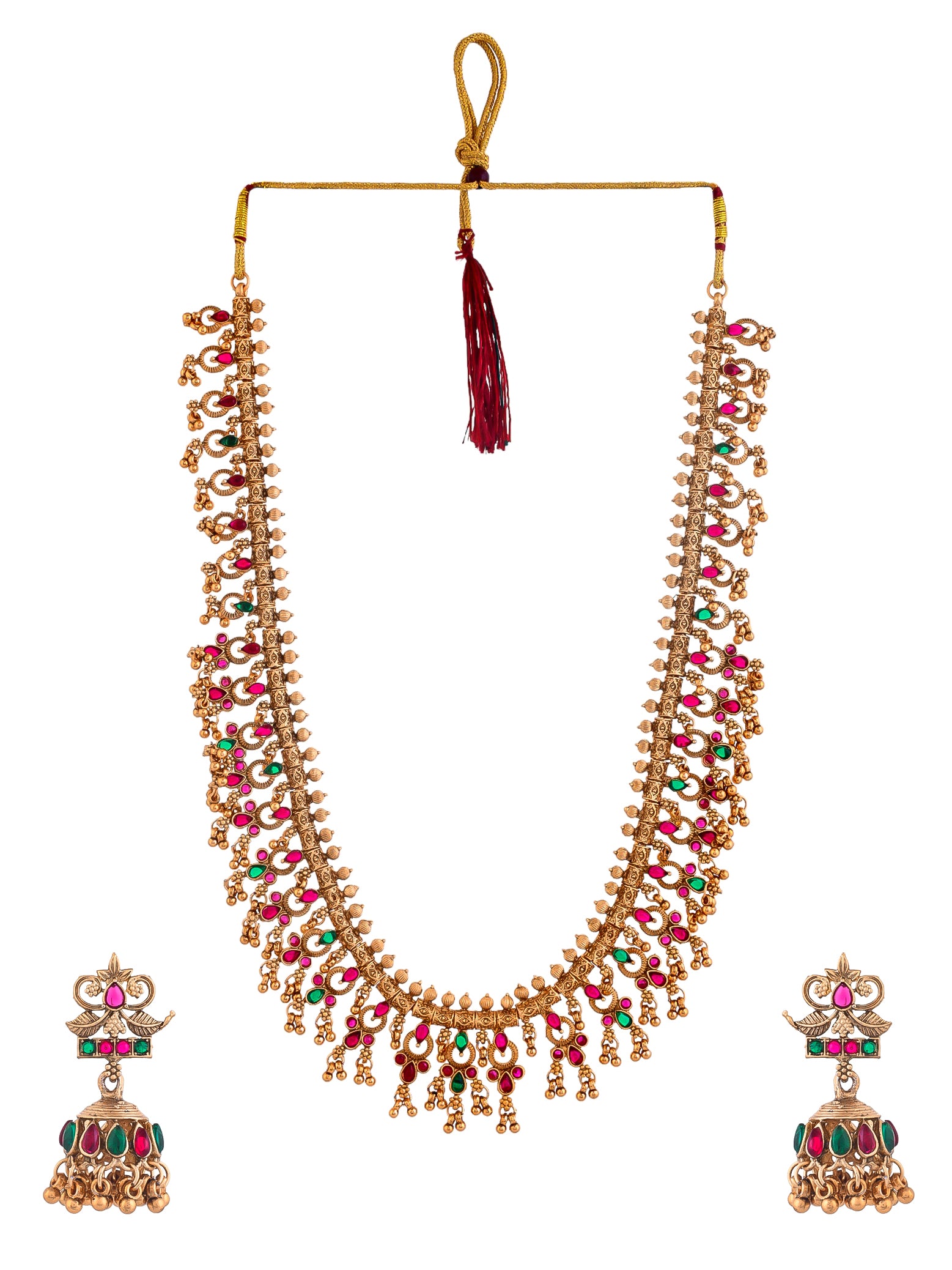 Classical Temple Gold Plated Beads Studded Long Necklace Set With Jhumka Earring