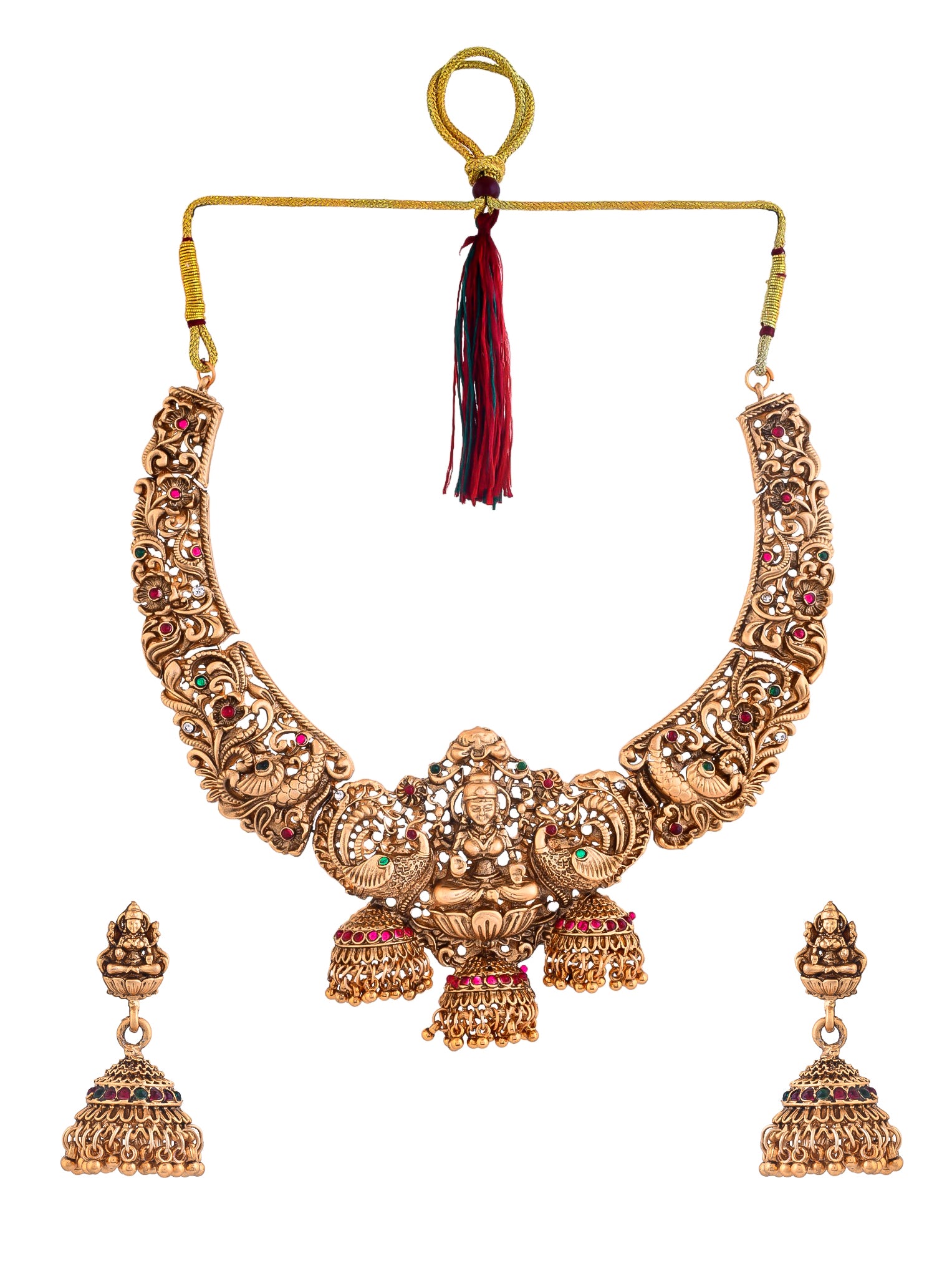 Gold Plated Traditional Temple Jewelry Set Antique Necklace Set with Earrings