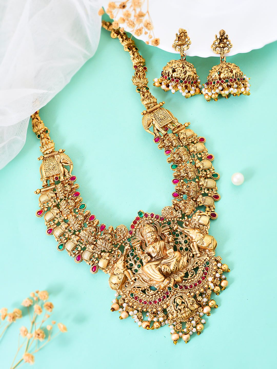 Gold-Plated Traditional Necklace Set with Colorful Gemstones