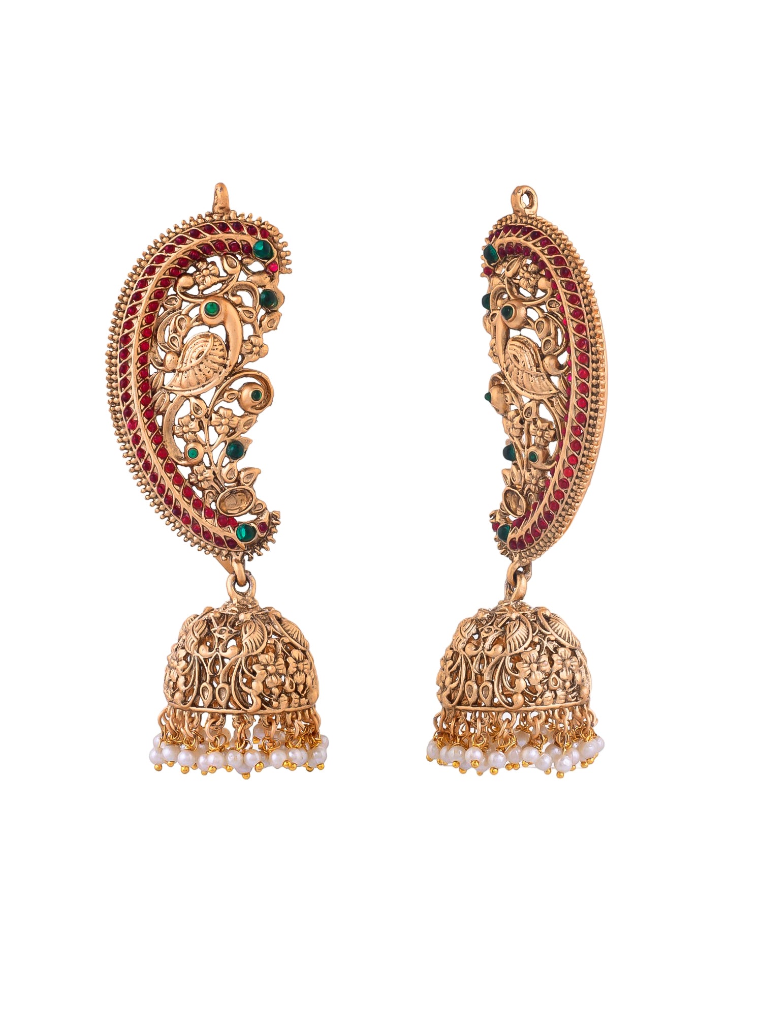 Gold Plated Peacock On Flowers Earcuff Pearl Earring