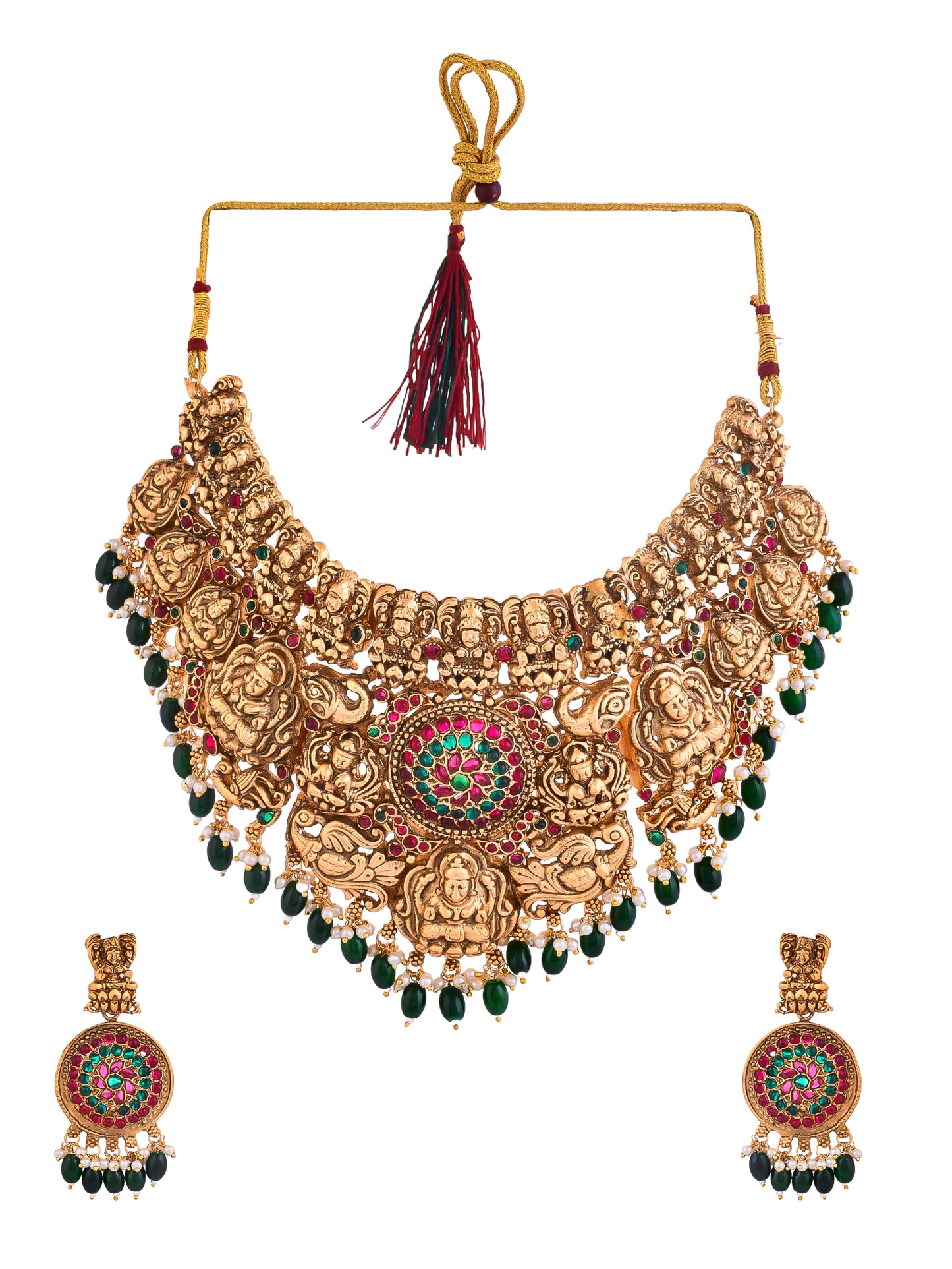 Gold-Plated Traditional Necklace Set with Colorful Gemstones