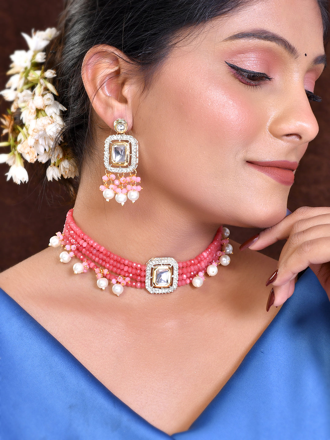 white pearl & Pink Beaded Necklace and Earrings