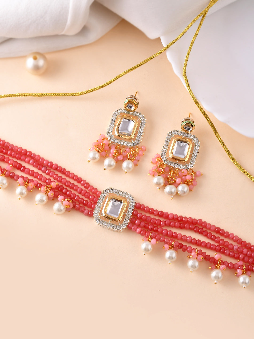 white pearl & Pink Beaded Necklace and Earrings