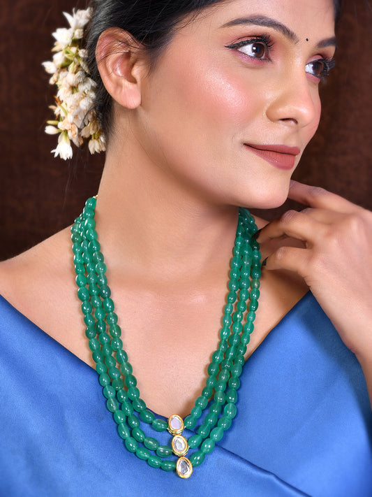 Green Beaded Necklace with Gold Accents