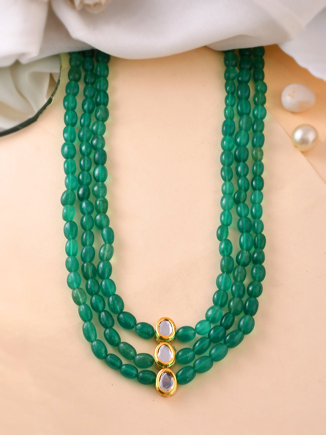 Green Beaded Necklace with Gold Accents