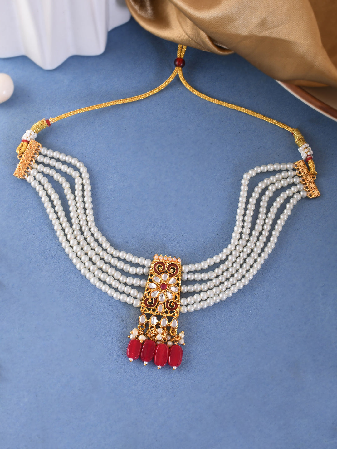 Pearl and Gold Necklace with Ruby Accents