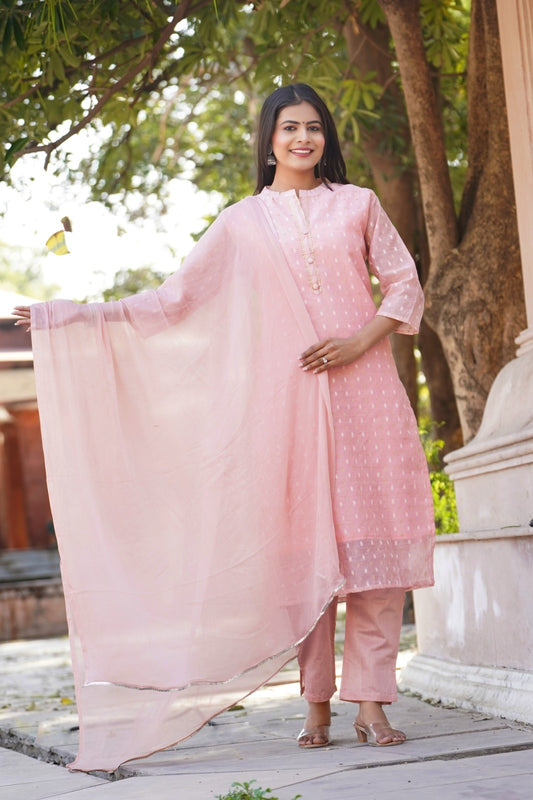 This  beautiful Zari Foil Print Chanderi Silk Kurta Set is a luxurious and elegant choice for any occasion. The intricate Zari foil print adds a touch of glamour, while the soft and breathable Chanderi silk fabric provides comfort and style