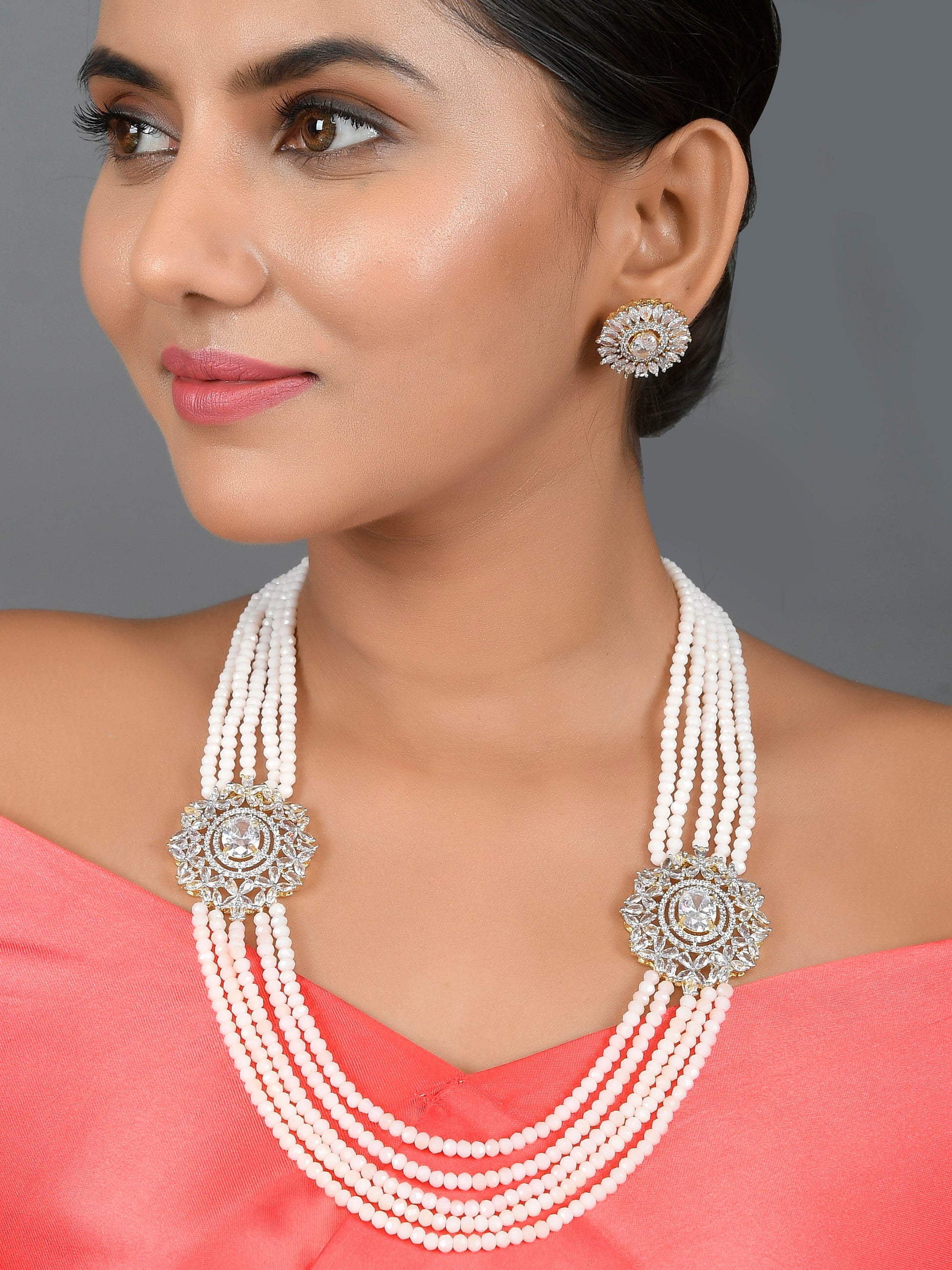 Silver Plated Long Layered Side AD Brooch Jewellery Set