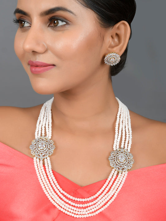 Silver Plated Long Layered Side AD Brooch Jewellery Set