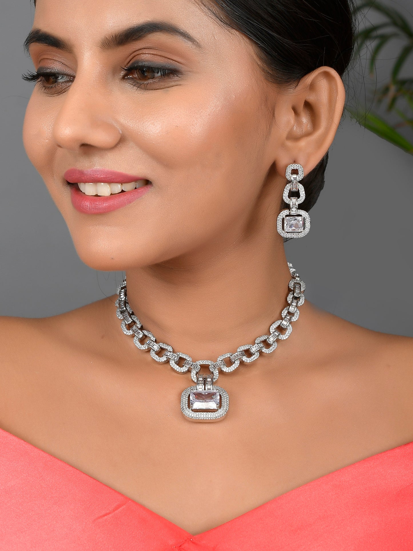 American Diamond Silver Plated Jewellery Set