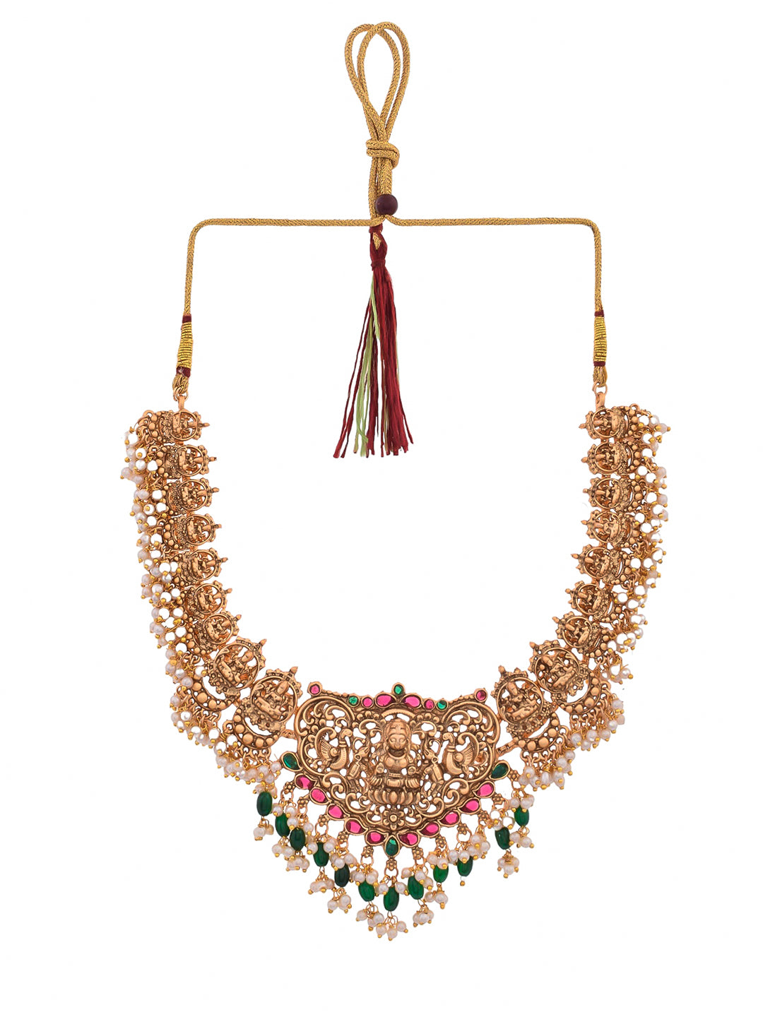 this Gold plated South Indian Traditional Heavy Temple jewellery set is the perfect accessory for any special occasion. The intricate design and traditional look add an air of elegance and grace to any outfit, making it an ideal choice for women, brides, and girls.