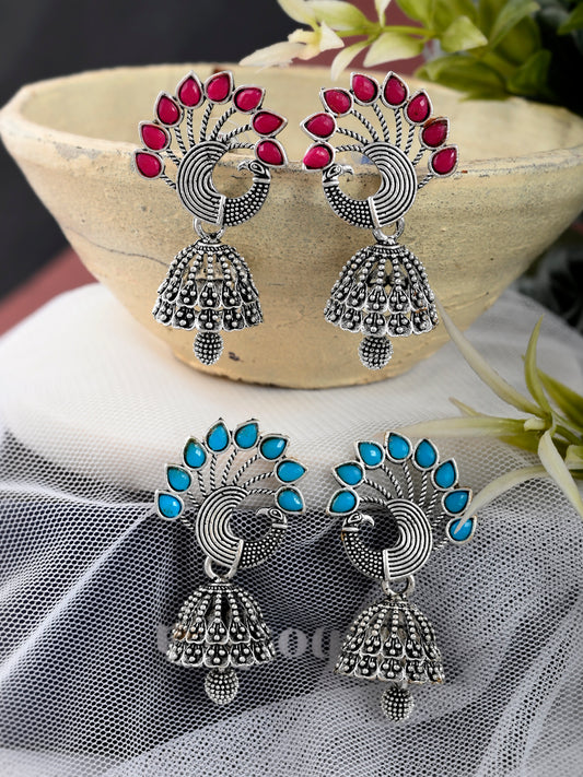 Silver Toned Oxidised peacock Jhumka earrings