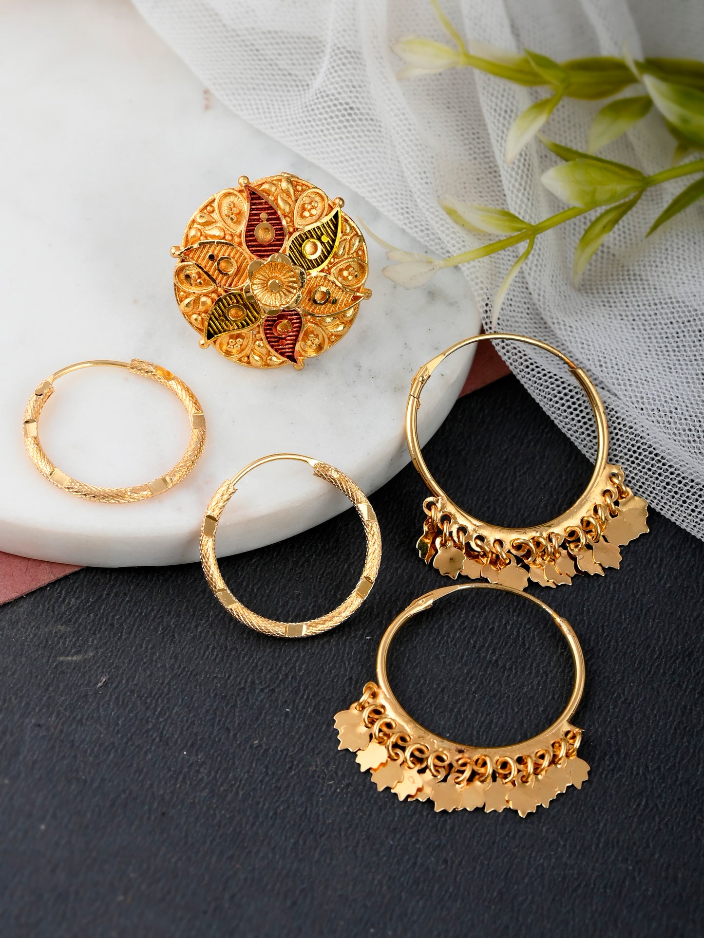 Combo of 3 Gold Plated Meenakari Angoothi And Designer Hoop earrings