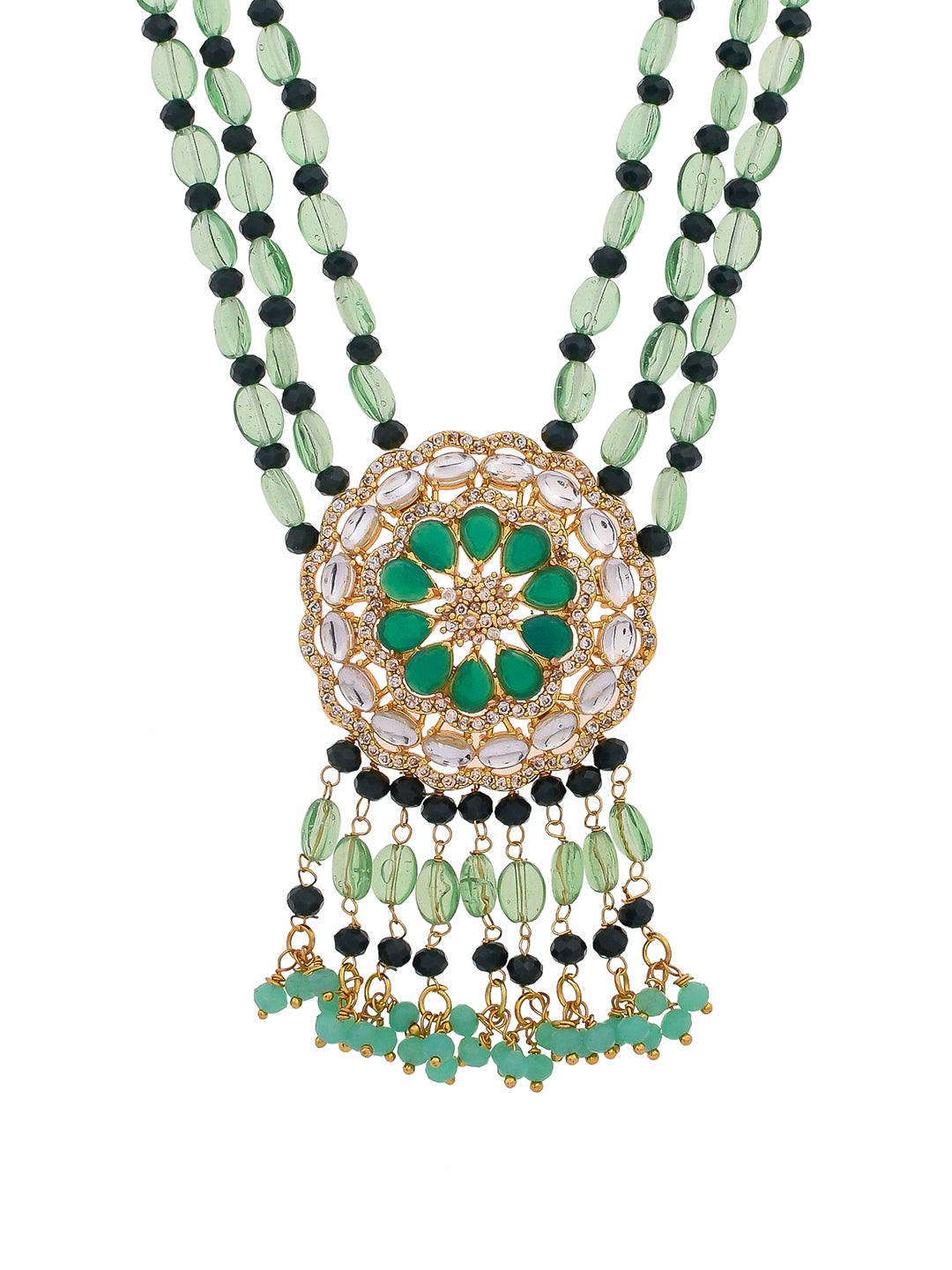 Experience traditional elegance and sophistication with our Handcrafted Green Beaded Long Layered Kundan with pearl for women/girls. Each piece is expertly crafted by hand, showcasing intricate beading and stunning pearl accents. Elevate any outfit and stand out with this timeless and unique accessory.