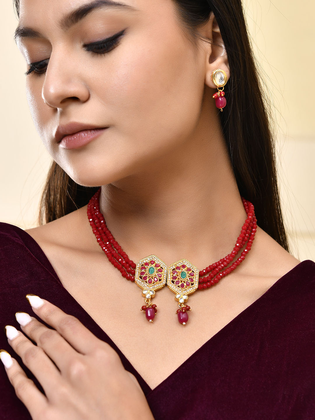 Red Beads Choker Jewellery Set