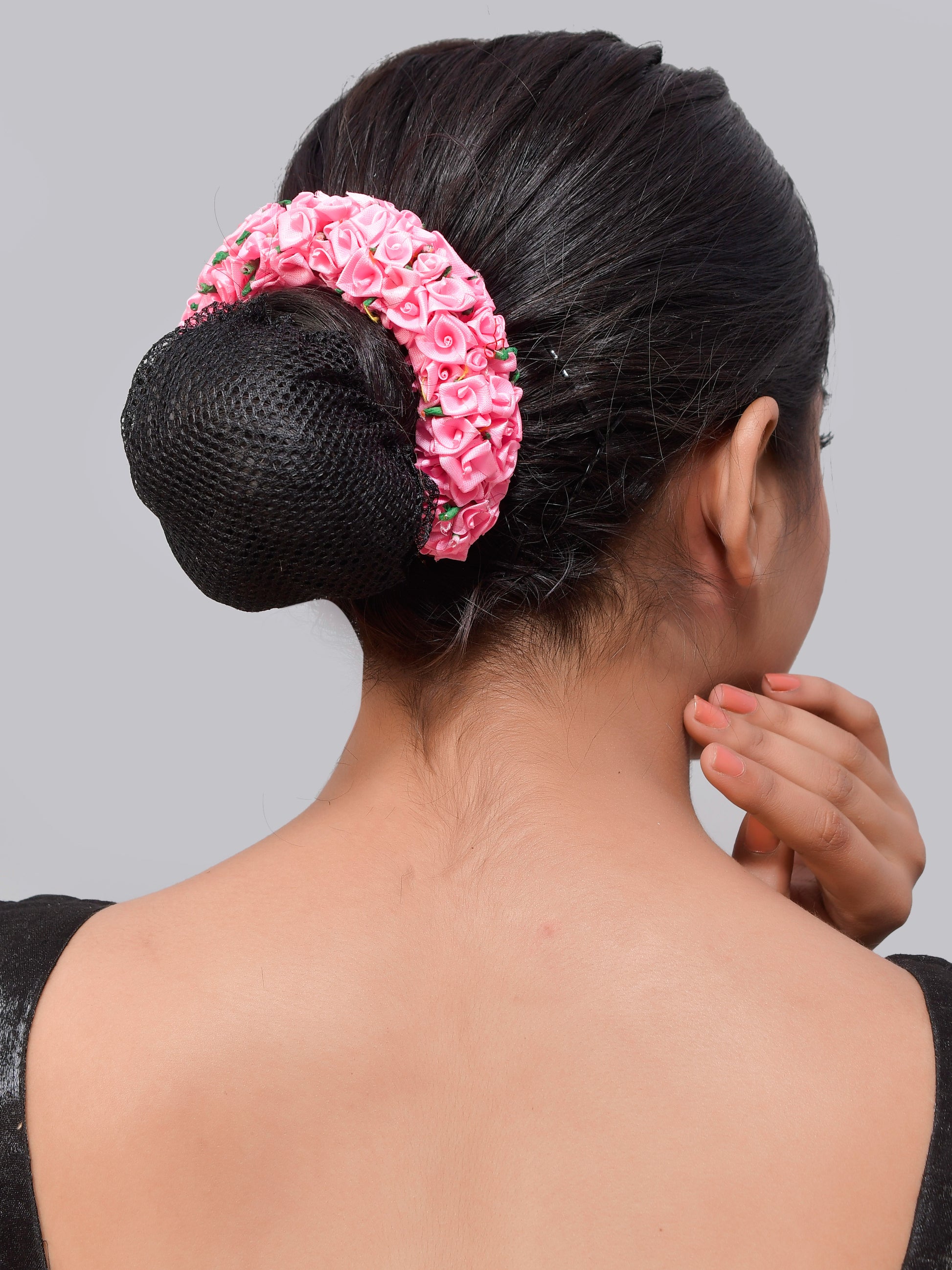Pink Ribbon Flower Hair Bun Accessory