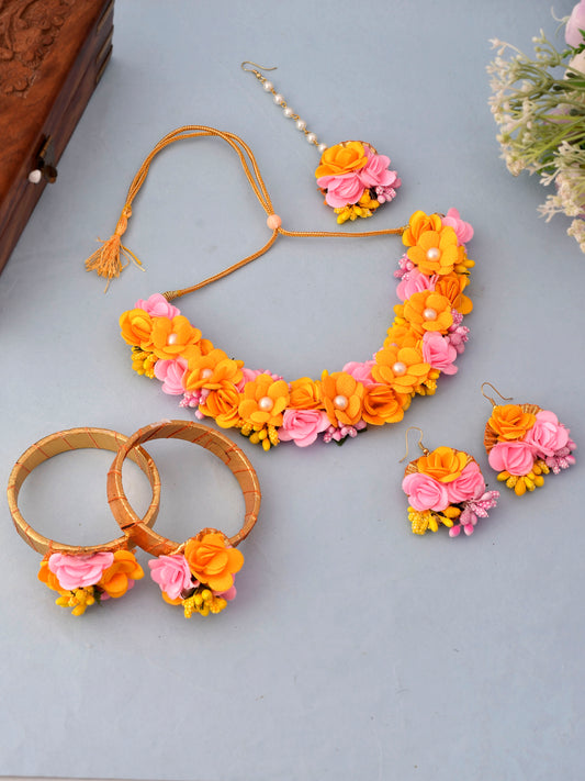Pink and Yellow Haldi Flower Jewellery Set