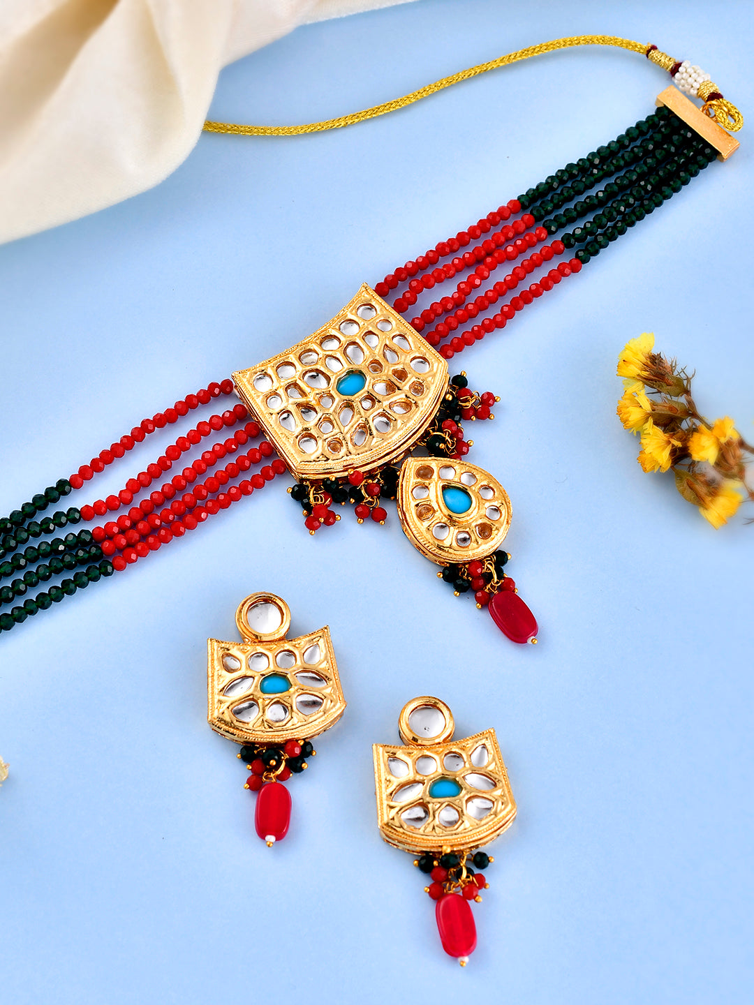 Red Green choker Kundan jewellery Set
