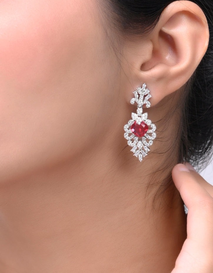 Silver-Plated Red American Dimond  Studded Drop Earrings (SBE32ML_686)