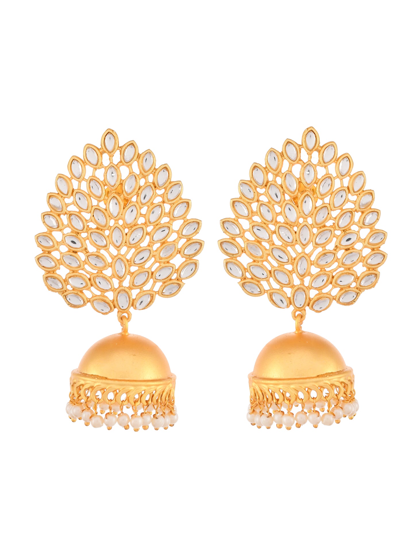 Gold Plated Kundan Studded & Beaded Leaf Shaped Drop Earrings