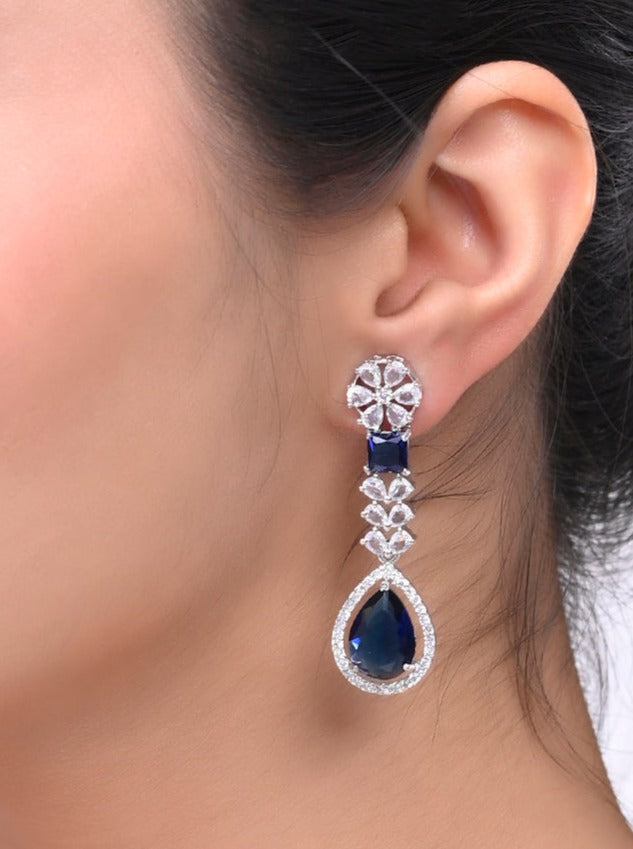 Stylish Silver Plated Blue American Dimond Drop Earrings (SBE32MC_689)