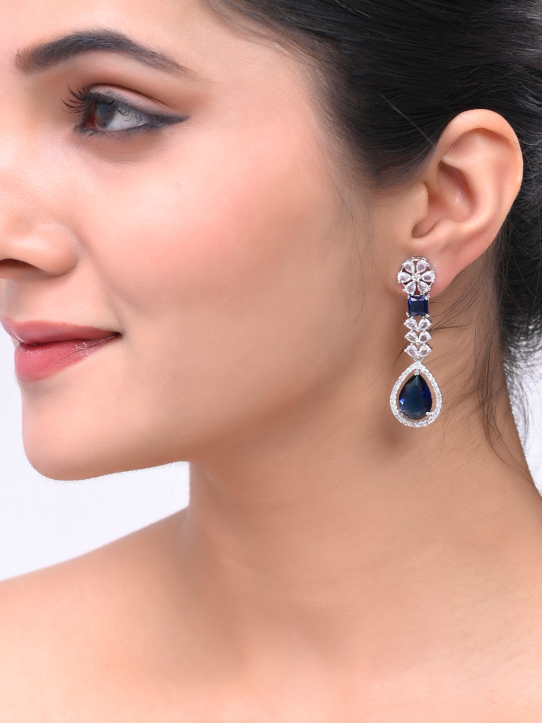 Stylish Silver Plated Blue American Dimond Drop Earrings