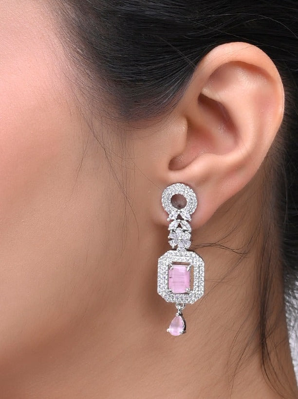 Silver Plated Pink American DimondDrop Earrings (SBE32H_690)