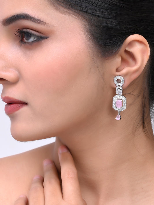 Silver Plated Pink American Dimond Drop Earrings