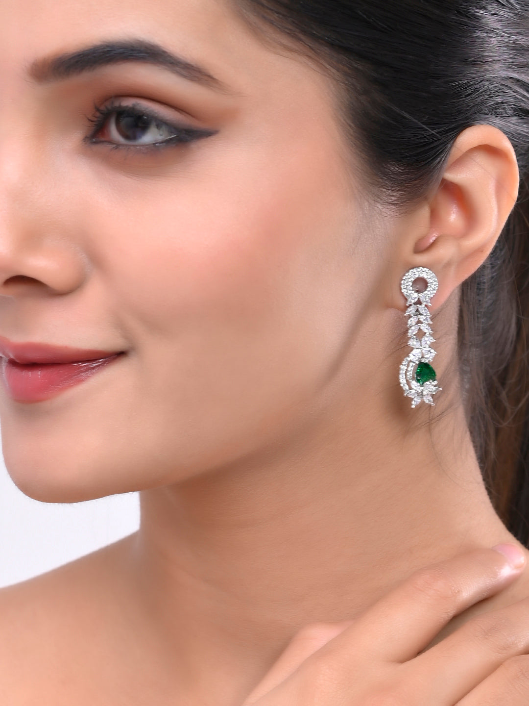 Stylish  Silver Plated Green American Dimond Drop Earrings