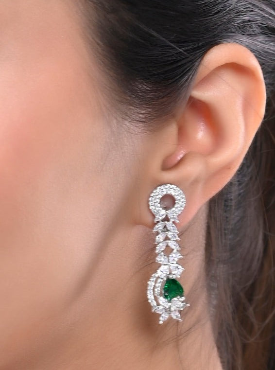 Stylish  Silver Plated Green American Dimond Drop Earrings (SBE32_697)