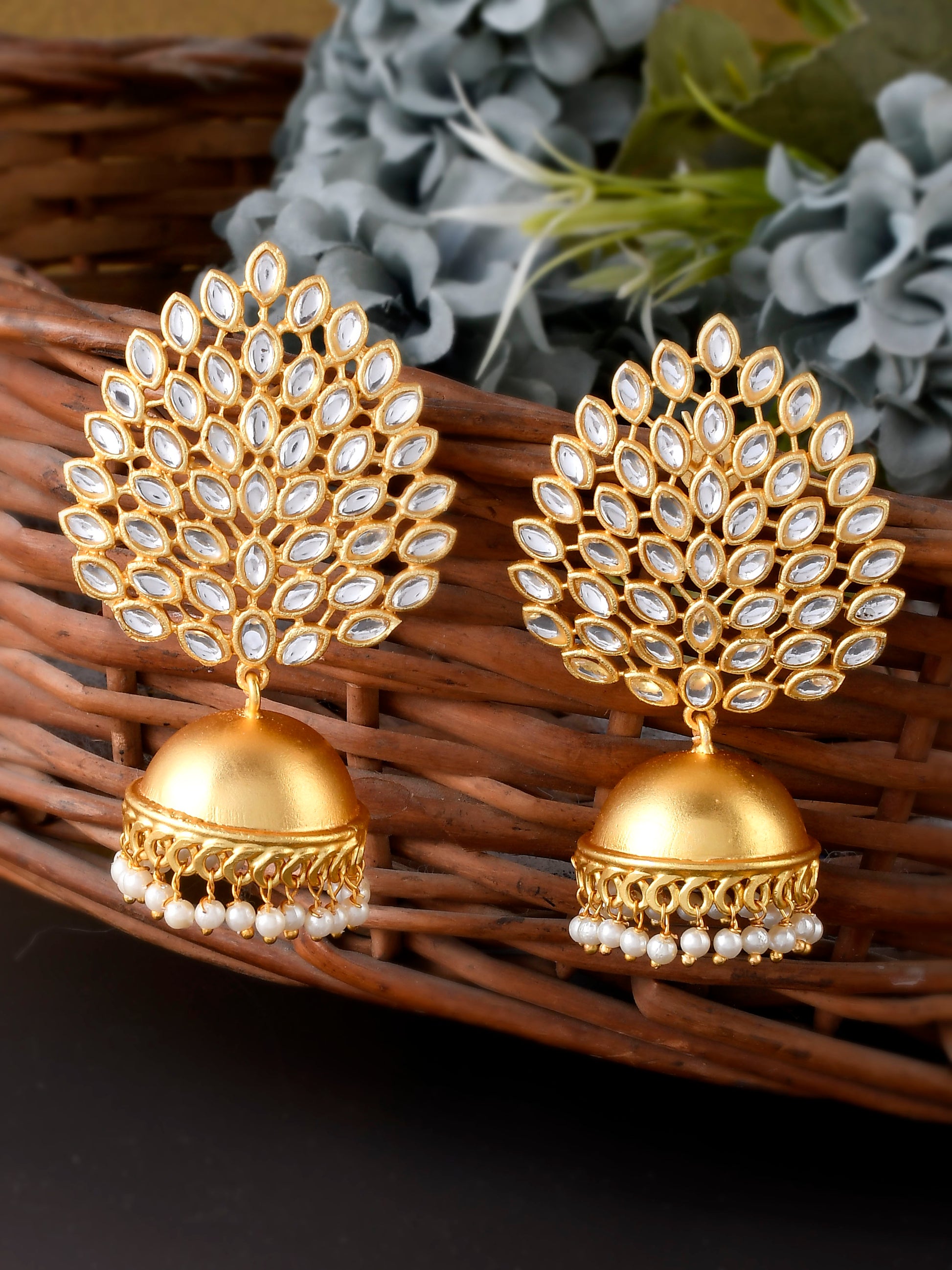 Gold Plated Kundan Studded & Beaded Leaf Shaped Drop Earrings for Women Online