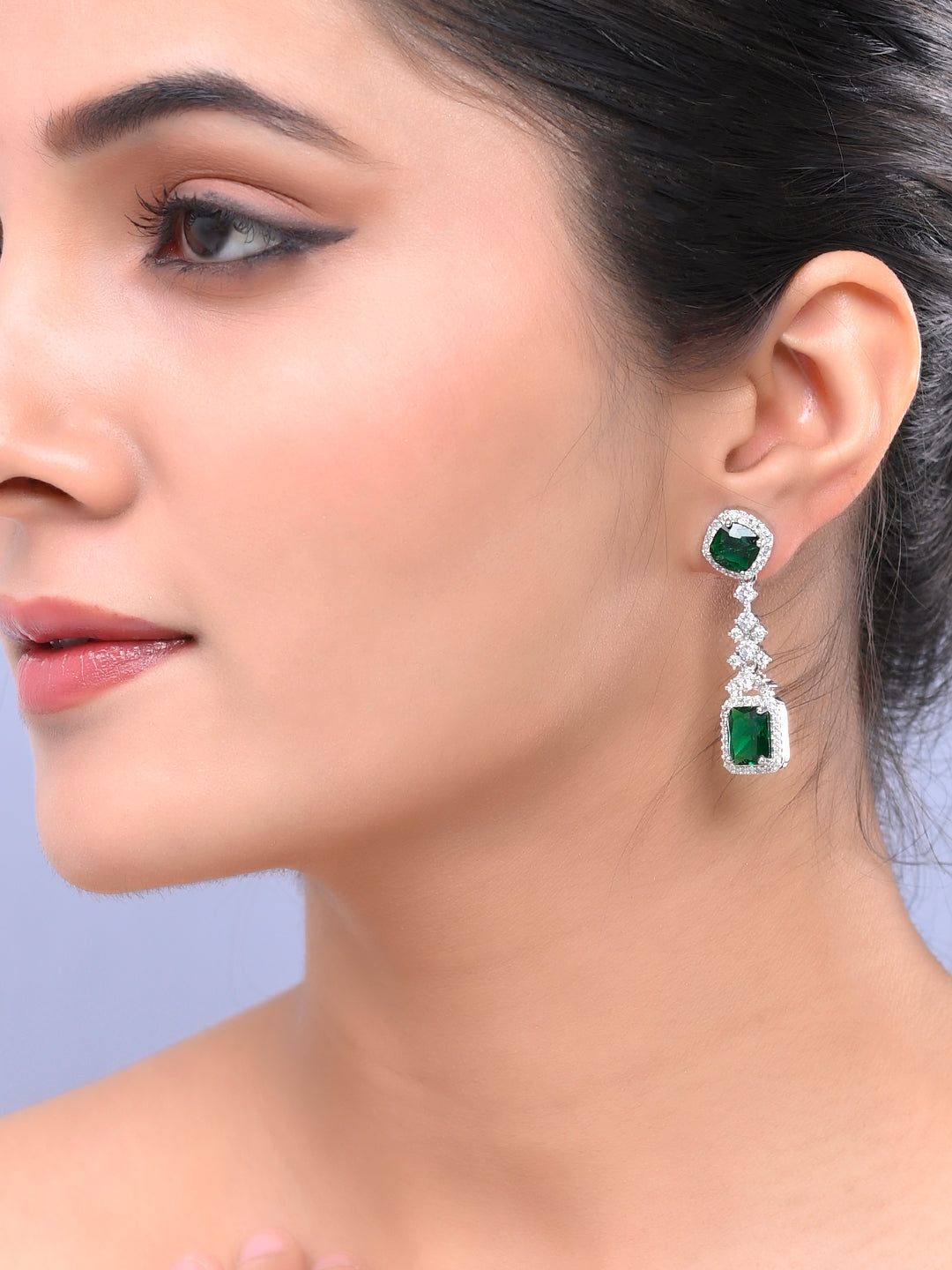 Trending Silver Plated Green American Dimond Drop Earrings