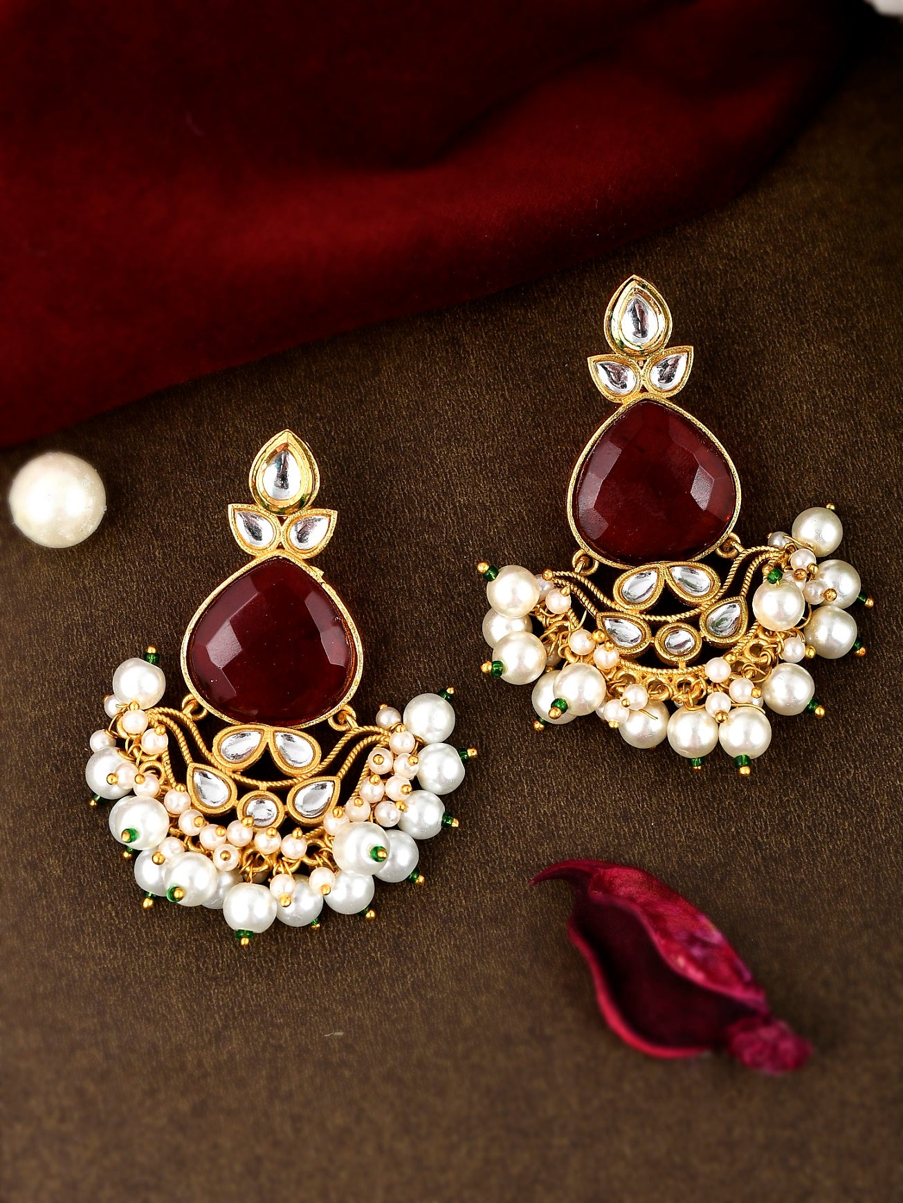 Gold Plated Red Stone Studded Pearl Beaded Drop Earrings for Women Online