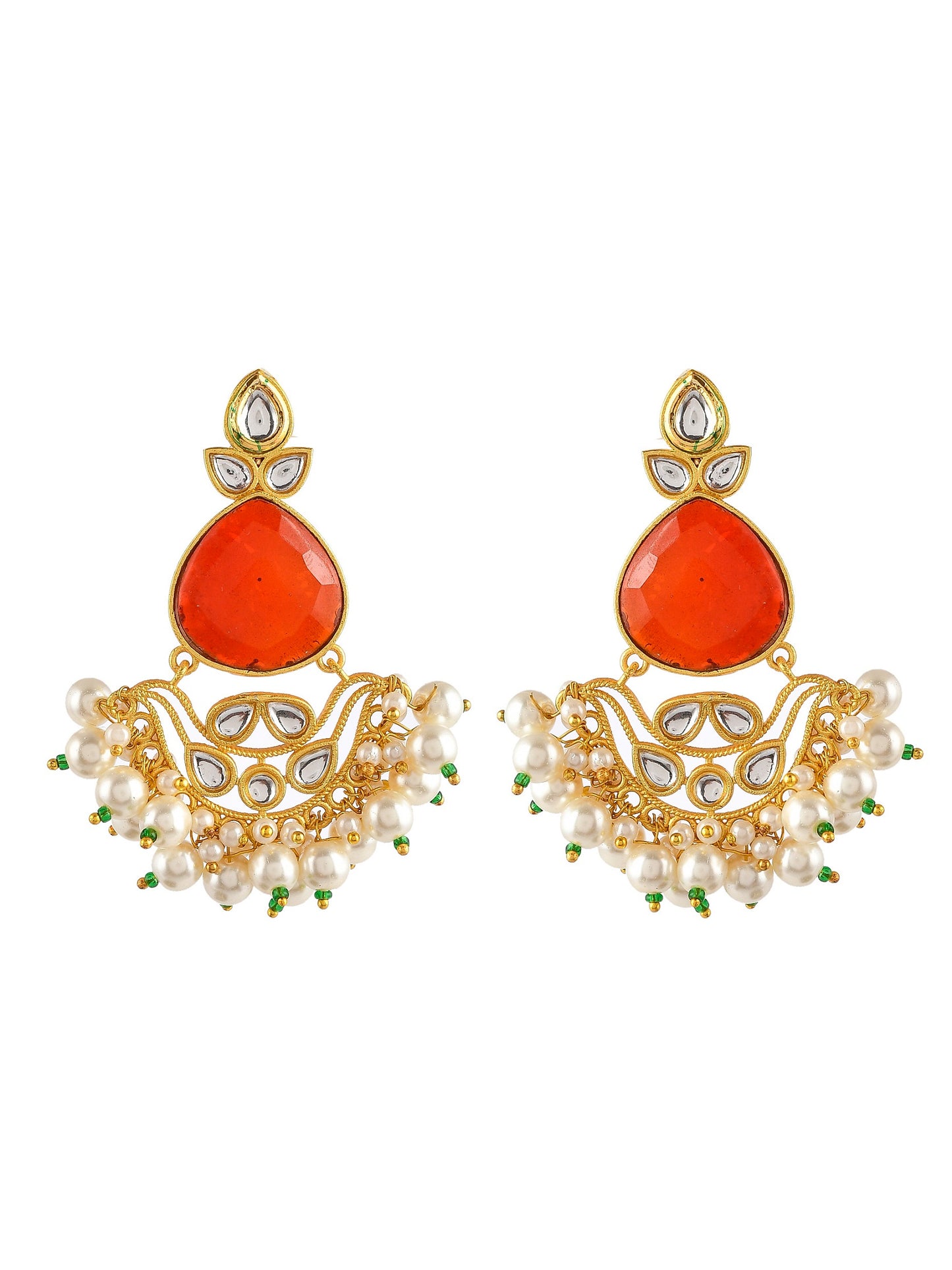 Gold Plated Red Stone Studded Pearl Beaded Drop Earrings