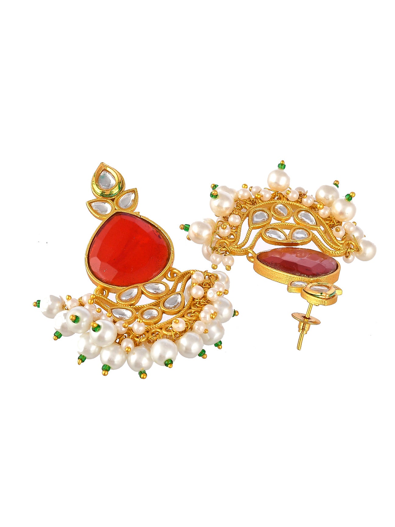 Gold Plated Red Stone Studded Pearl Beaded Drop Earrings