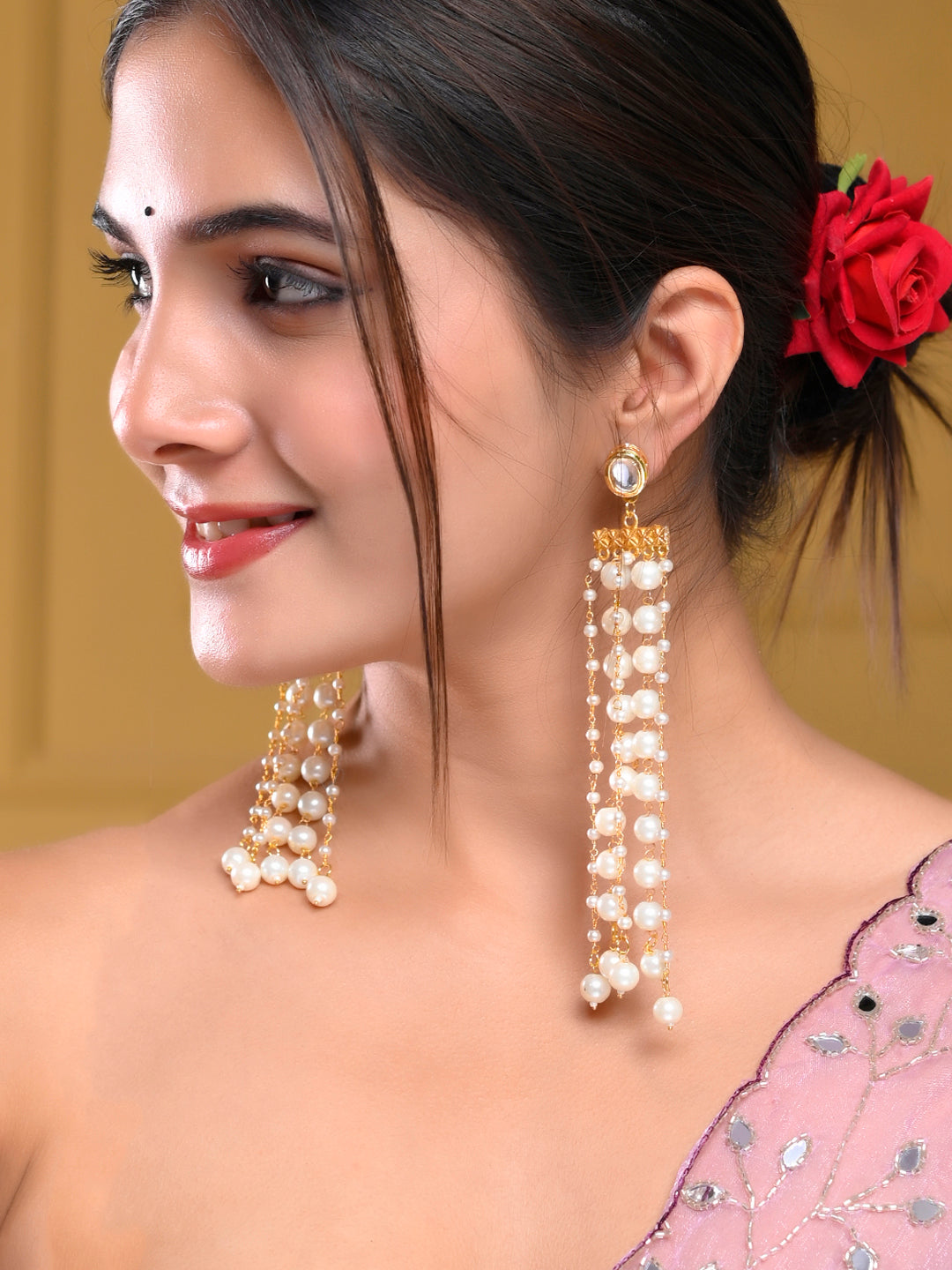 Stylish Gold-Plated Brass & Pearl Long Drop Earrings