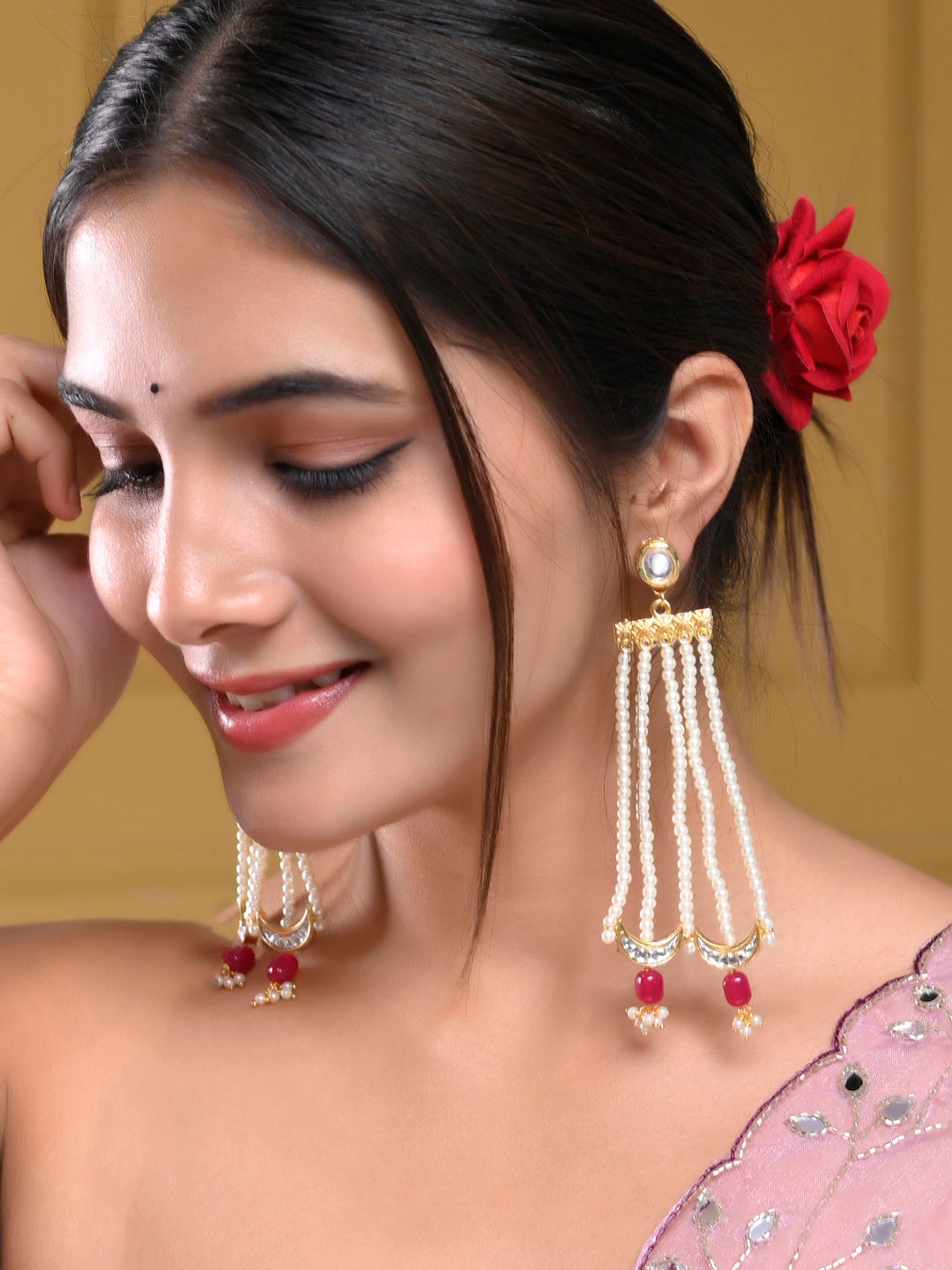 Handcrafted Gold-Plated Pearl and Red Gemstone Chandelier Earrings