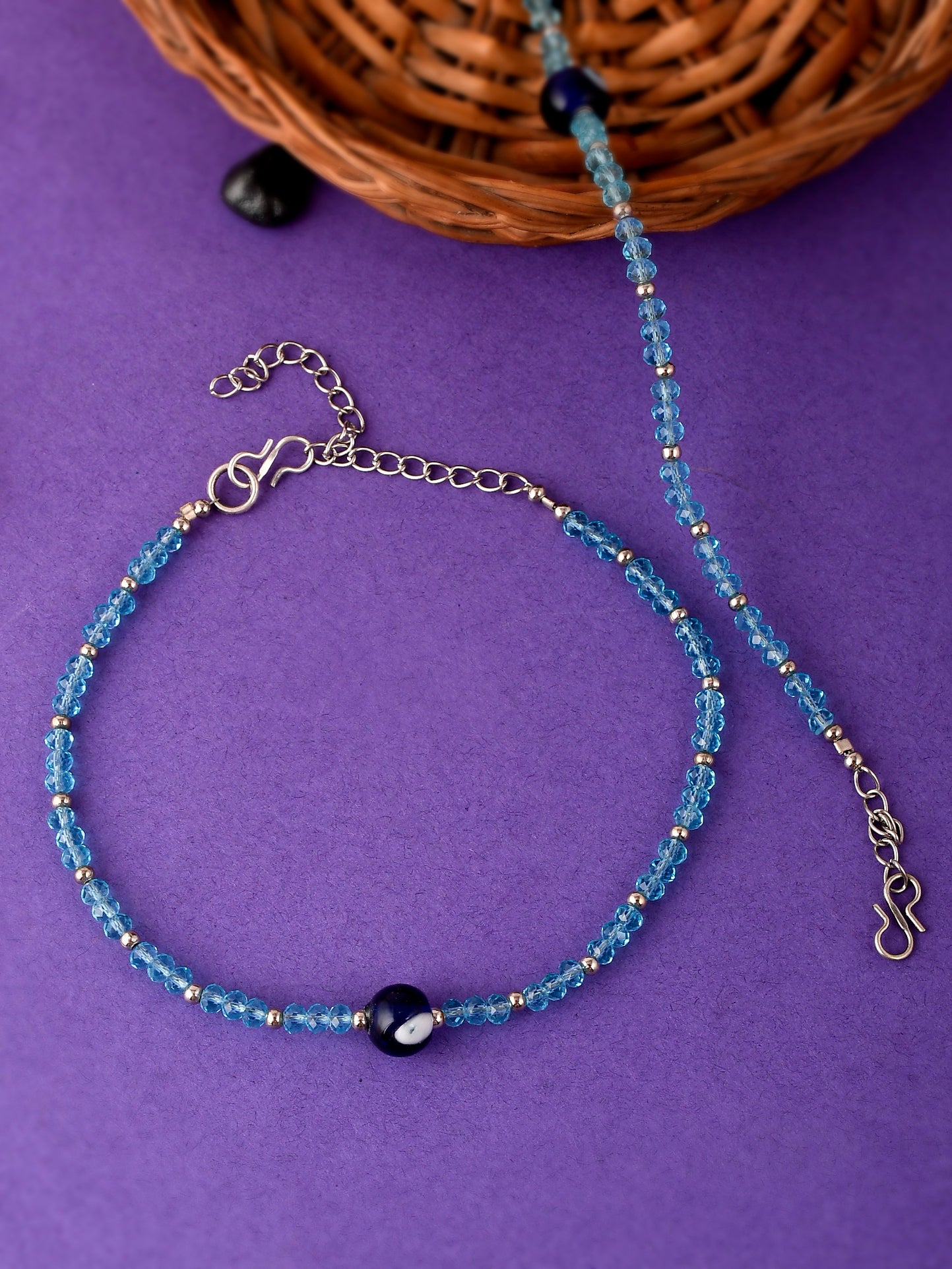 Silver Toned Blue Beaded Evil Eye Chain Anklets for Women Online