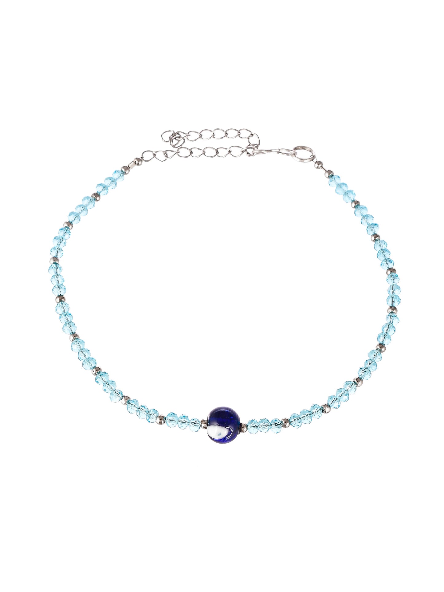 Silver Toned Blue Beaded Evil Eye Chain Anklet