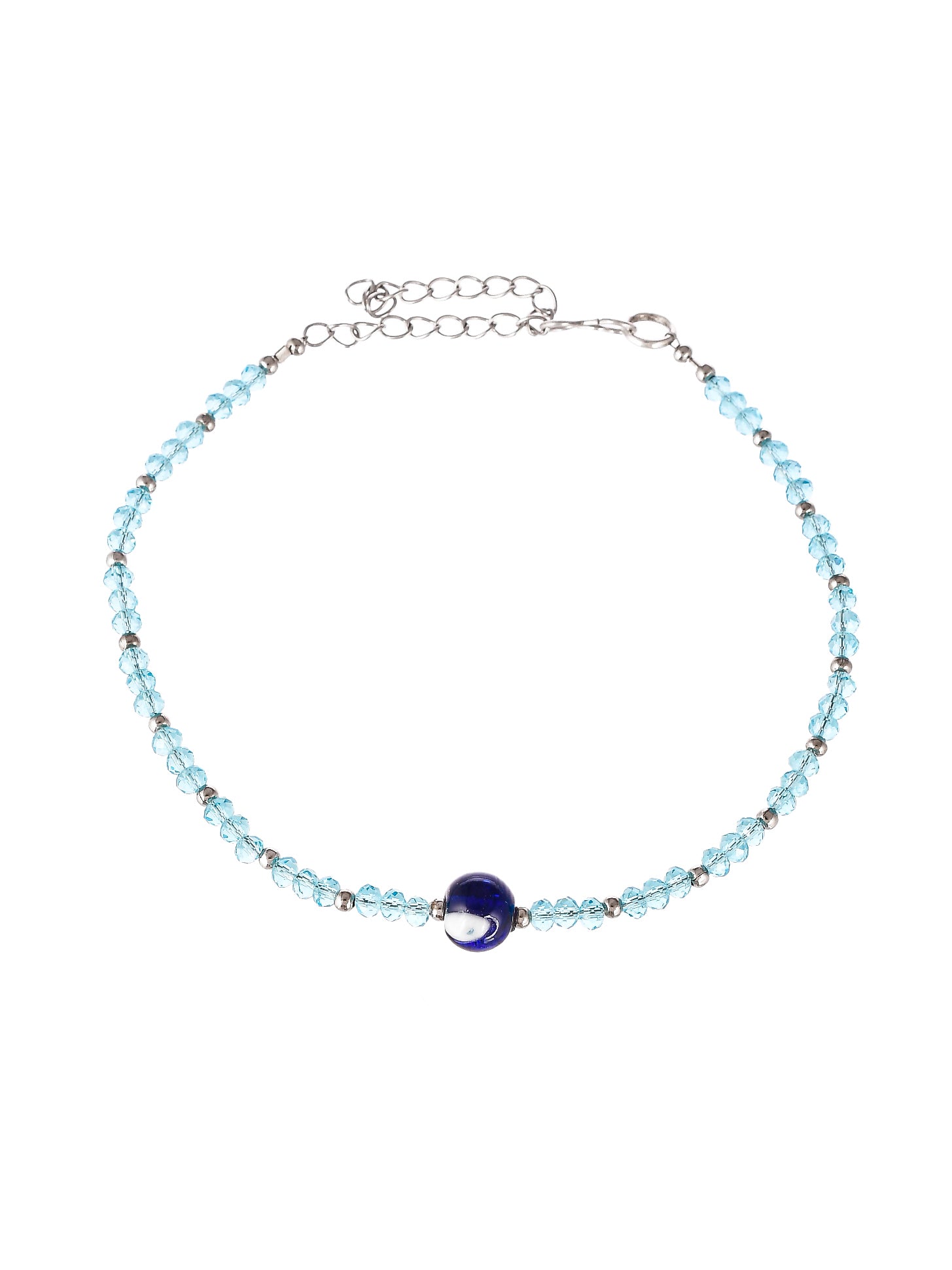 Silver Toned Blue Beaded Evil Eye Chain Anklet