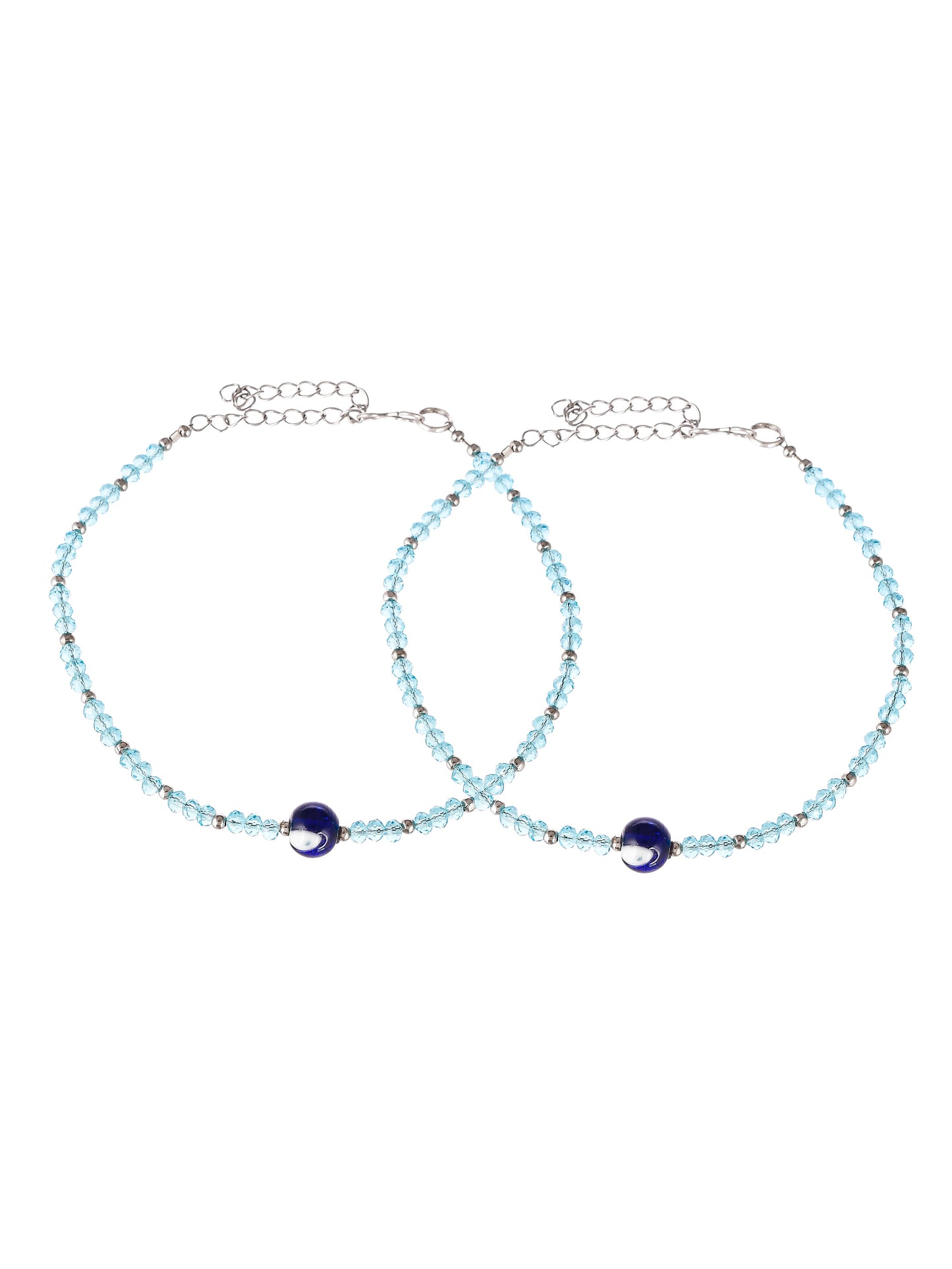 Silver Toned Blue Beaded Evil Eye Chain Anklet