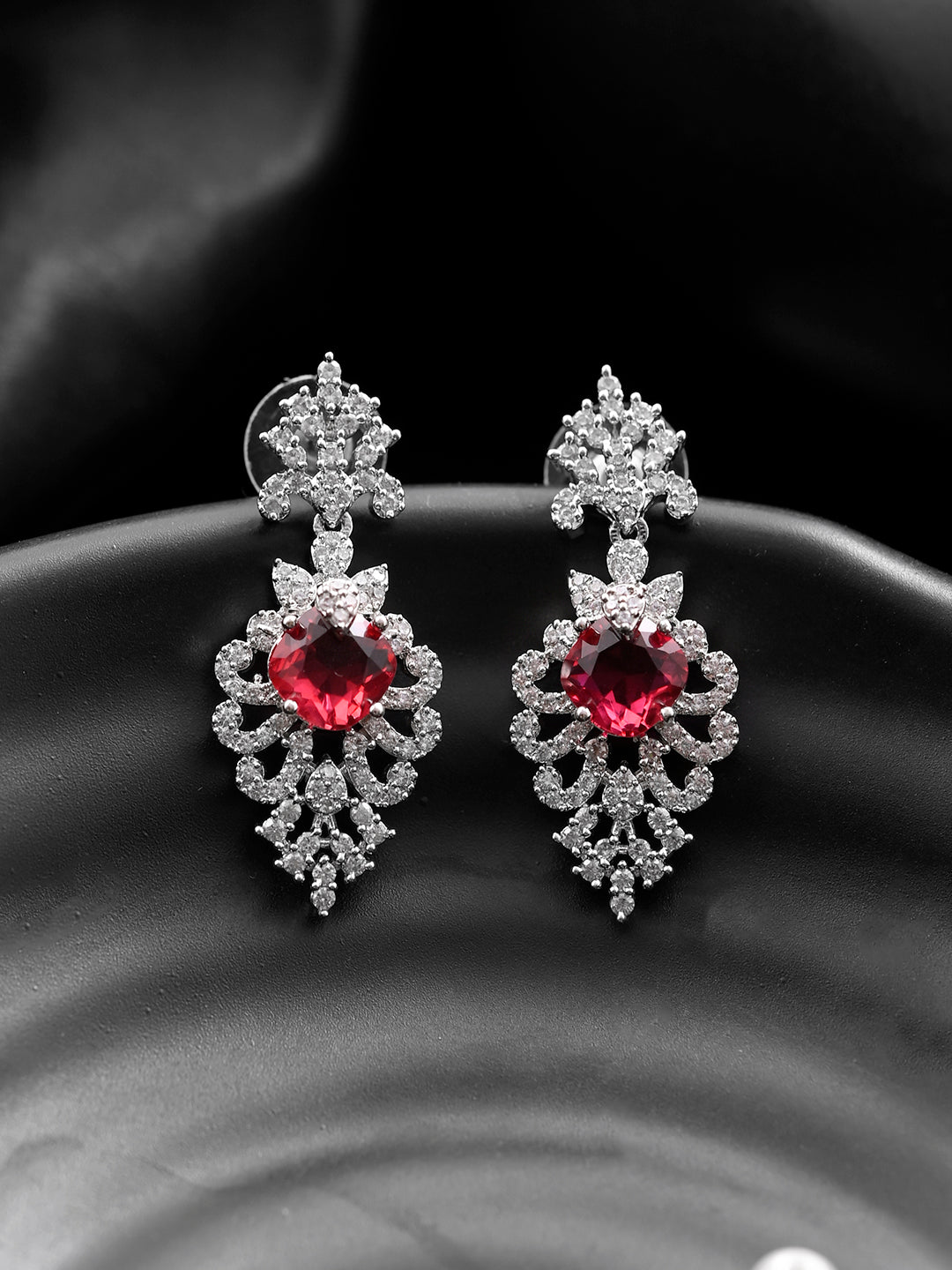 Silver-Plated Red American Dimond  Studded Drop Earrings