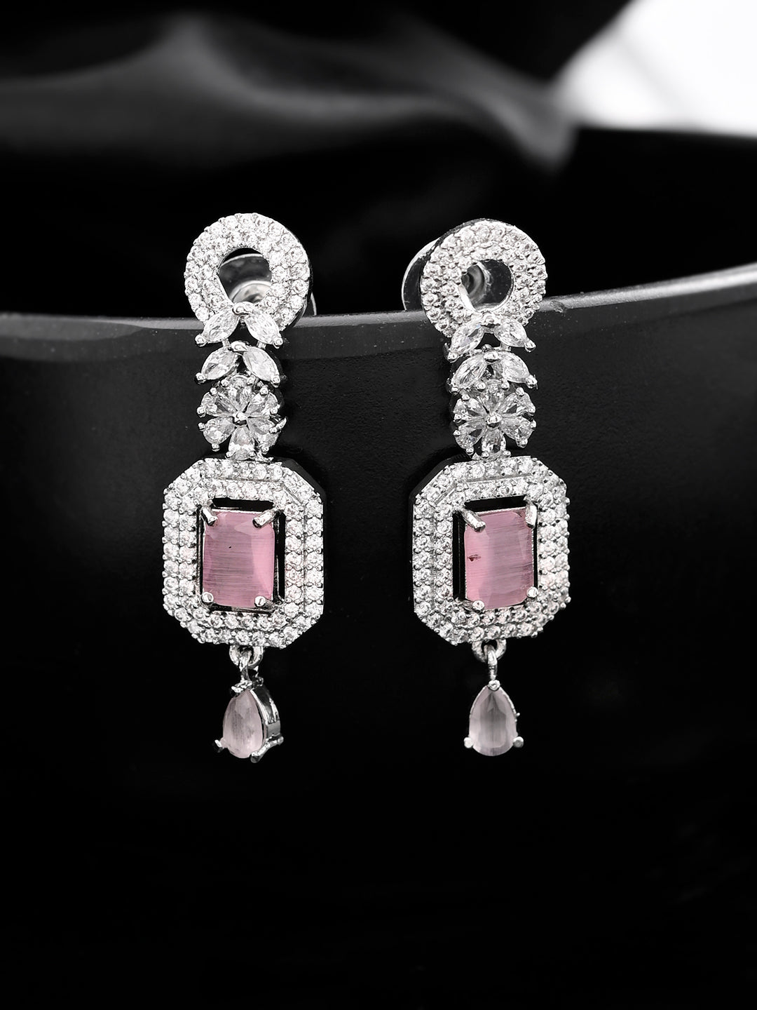 Silver Plated Pink American DimondDrop Earrings (SBE32H_690)