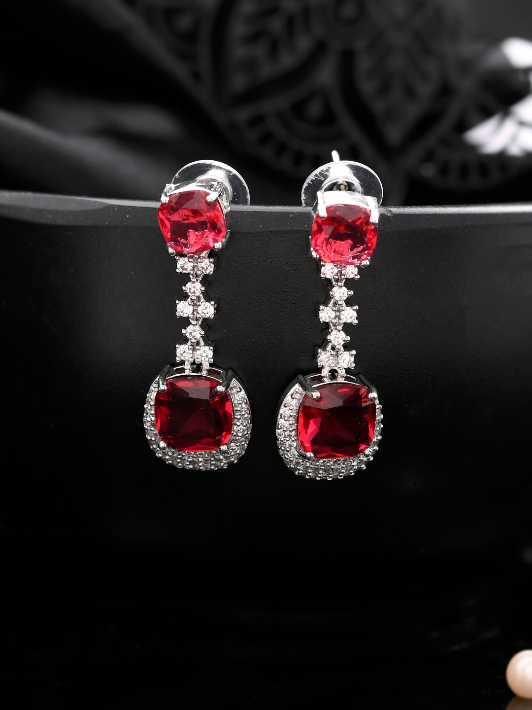 Trending Silver-Plated Red American Dimond  Studded Drop Earrings