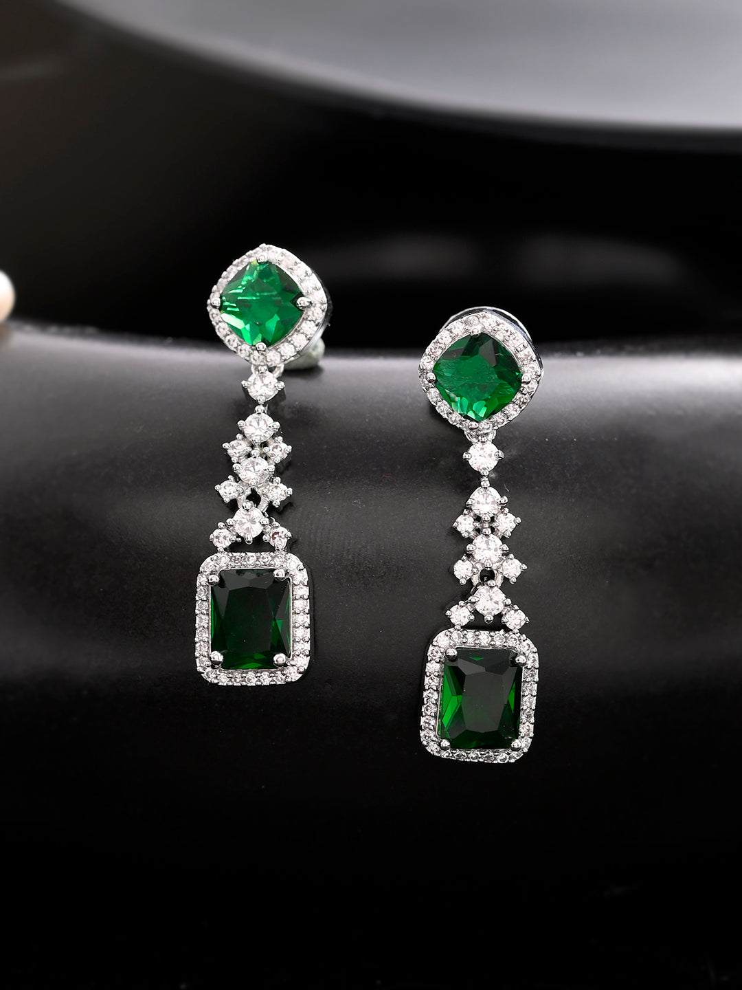 Trending Silver Plated Green American Dimond Drop Earrings (SBE32MH_695)