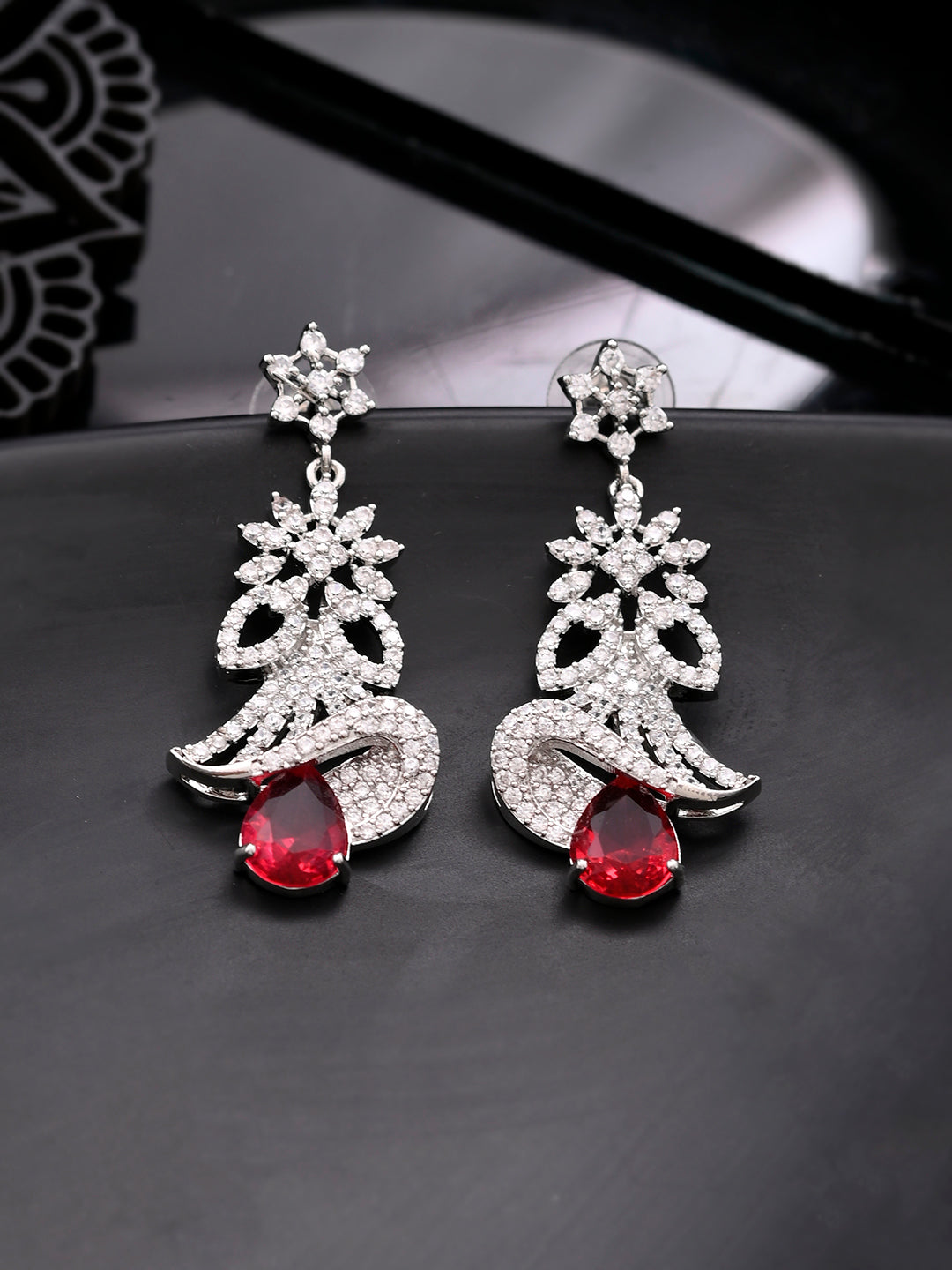 Red American Dimond Long Drop Earrings