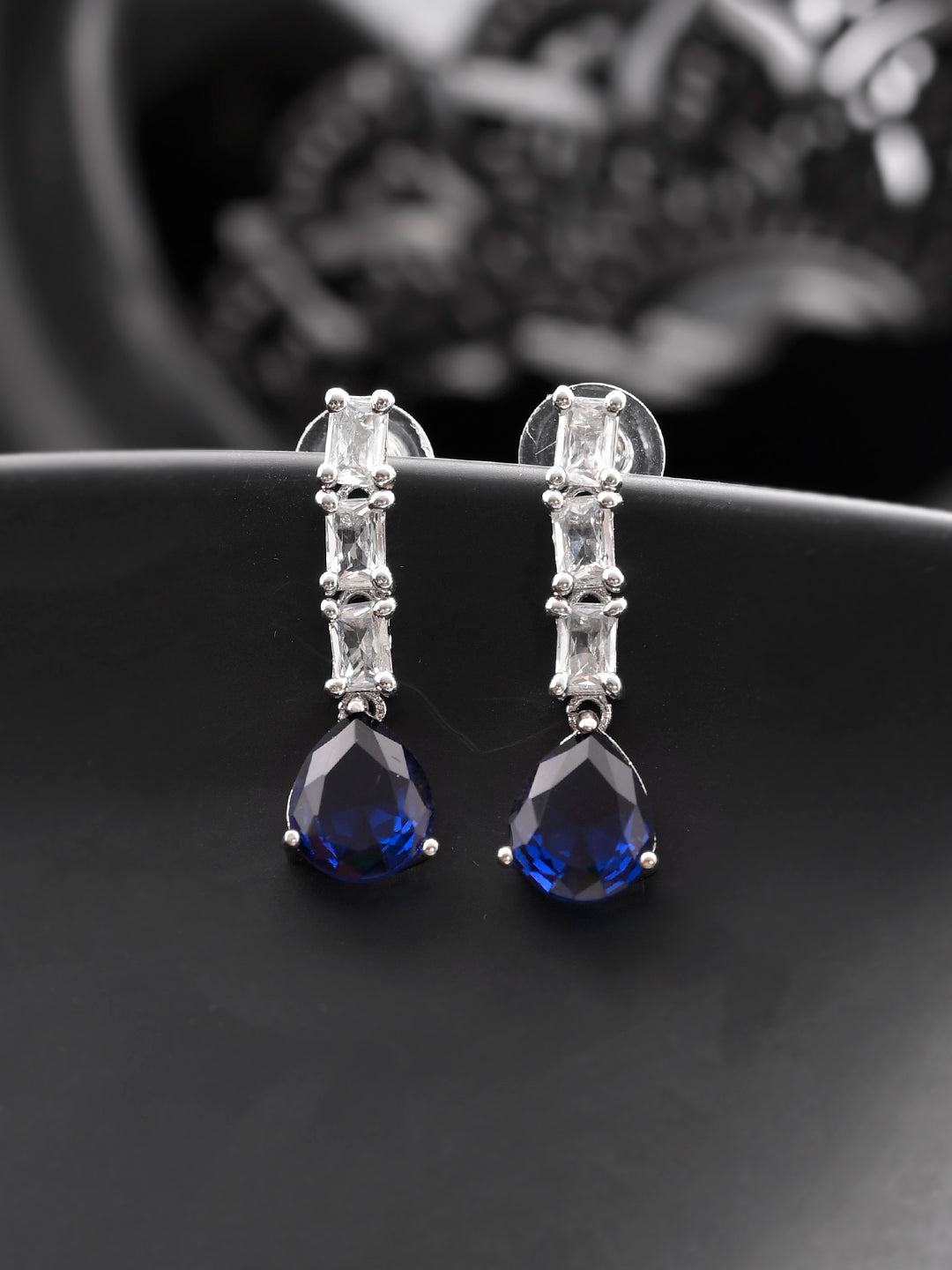 Silver Plated Blue American Dimond Drop Earrings (SBE32MH_694)