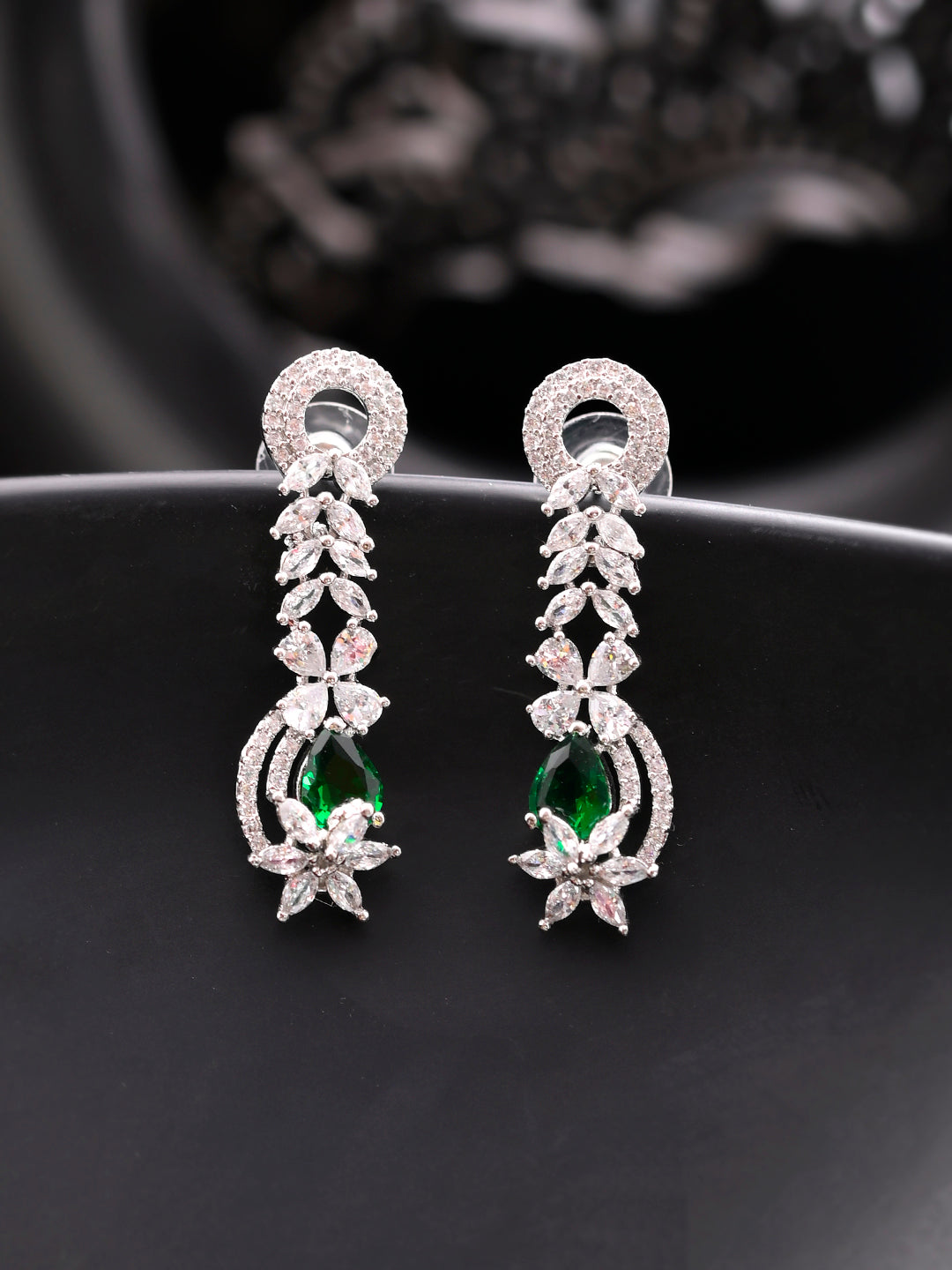 Stylish  Silver Plated Green American Dimond Drop Earrings (SBE32_697)